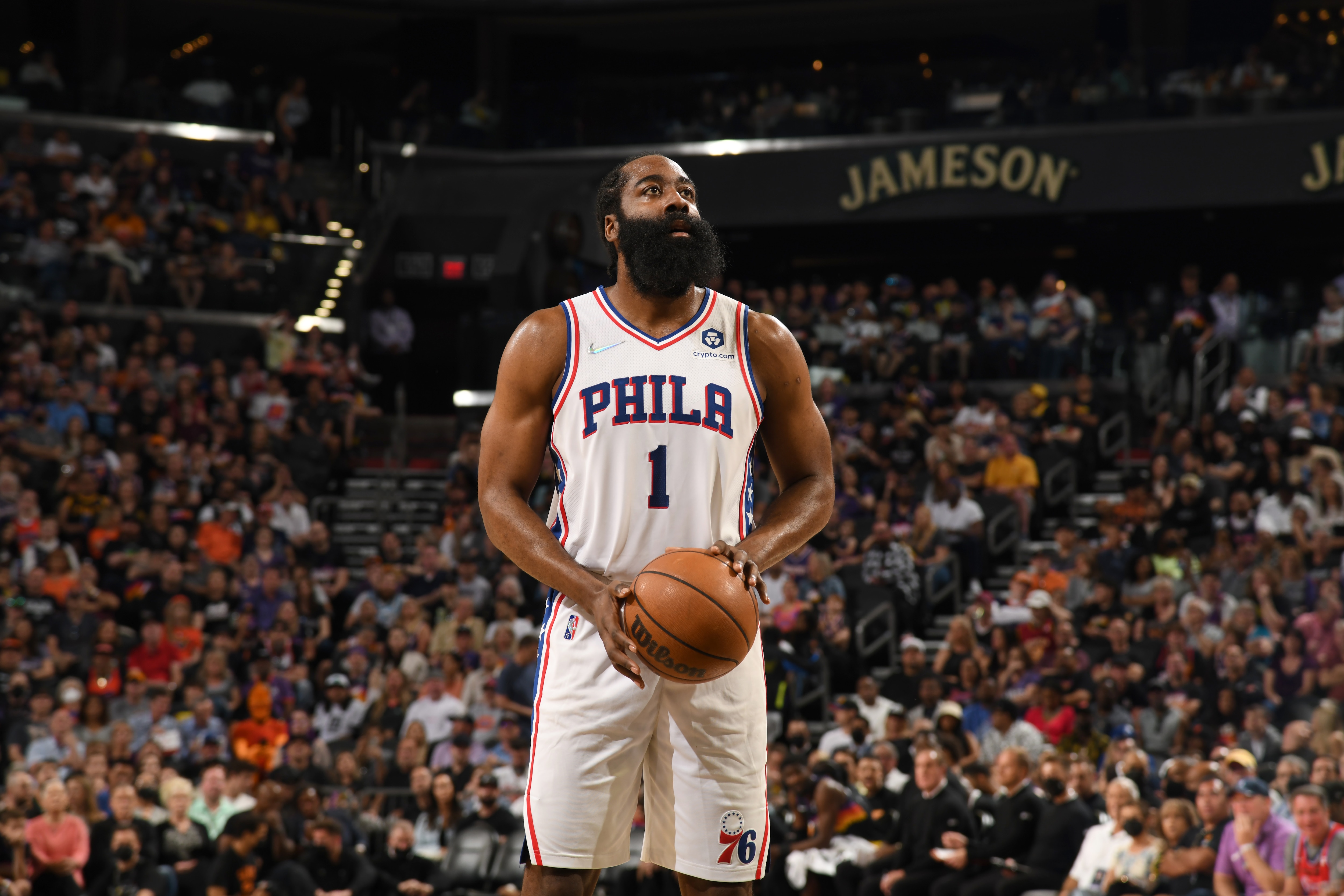 PHOENIX, AZ - MARCH 27: James Harden #1 of the Philadelphia 76ers prepares to shoot a free throw during the game against the Phoenix Suns on March 27, 2022 at Footprint Center in Phoenix, Arizona. NOTE TO USER: User expressly acknowledges and agrees that, by downloading and or using this photograph, user is consenting to the terms and conditions of the Getty Images License Agreement. Mandatory Copyright Notice: Copyright 2022 NBAE (Photo by Kate Frese/NBAE via Getty Images)