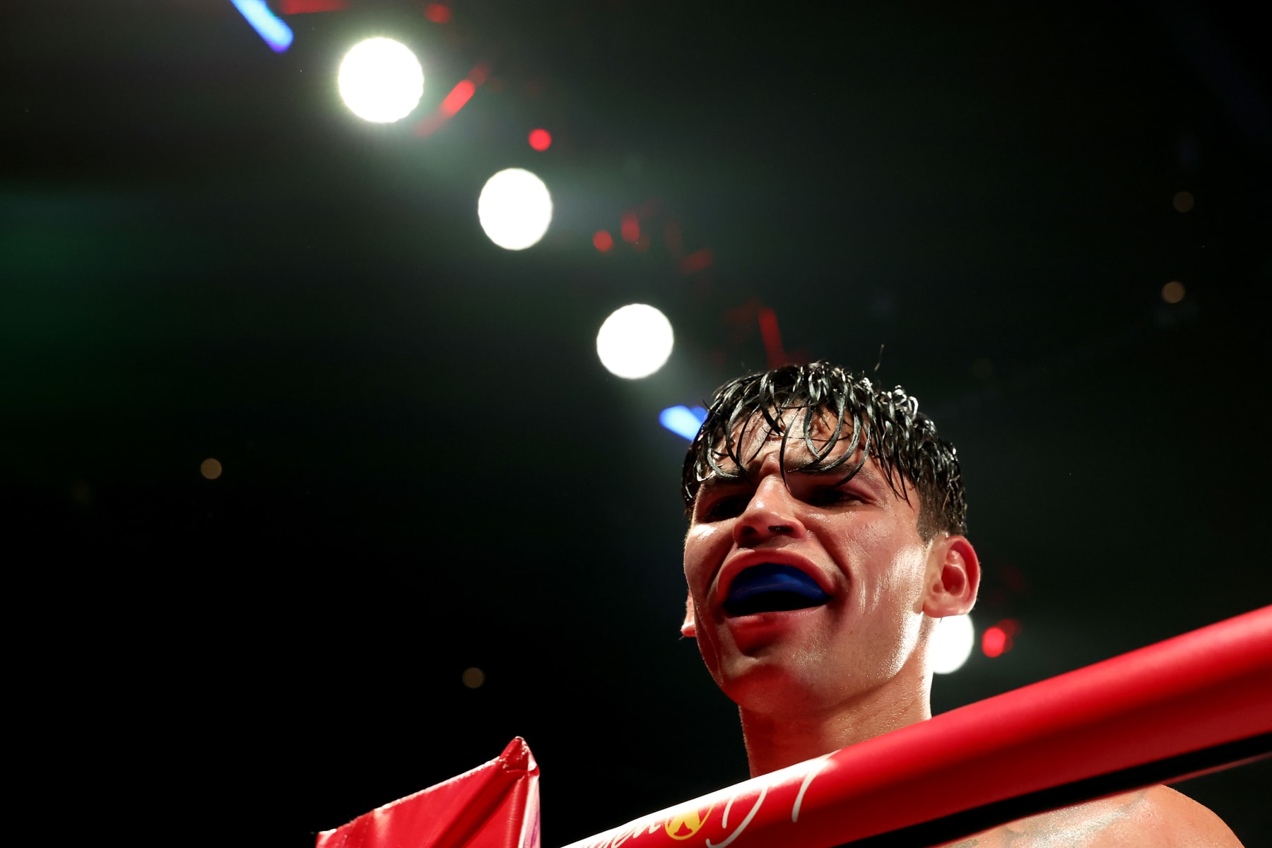 NEW YORK, NEW YORK - APRIL 20: Ryan Garcia reacts after their WBC Super Lightweight title bout against Devin Haney at Barclays Center on April 20, 2024 in New York City.  (Photo by Al Bello/Getty Images)