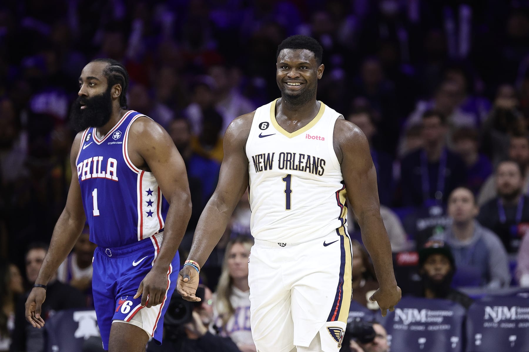 PHILADELPHIA, PENNSYLVANIA - JANUARY 02: Zion Williamson #1 of the New Orleans Pelicans reacts during the third quarter against the Philadelphia 76ers at Wells Fargo Center on January 02, 2023 in Philadelphia, Pennsylvania. NOTE TO USER: User expressly acknowledges and agrees that, by downloading and or using this photograph, User is consenting to the terms and conditions of the Getty Images License Agreement. (Photo by Tim Nwachukwu/Getty Images)