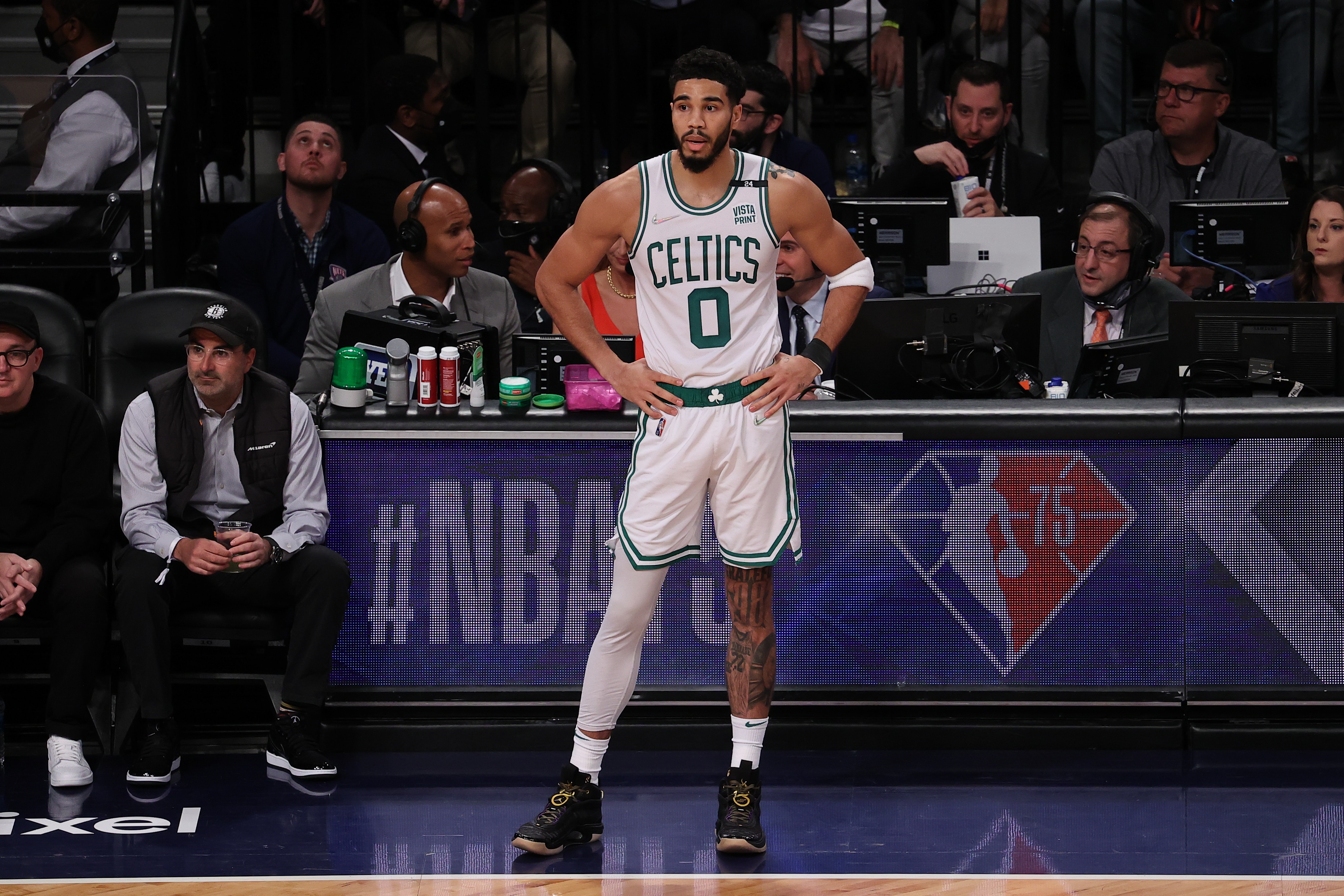 NEW YORK, NY - APRIL 25: Jayson Tatum of Boston Celtics is seen during NBA playoffs between Brooklyn Nets and Boston Celtics at the Barclays Center in Brooklyn of New York City, United States on April 25, 2022. (Photo by Tayfun Coskun/Anadolu Agency via Getty Images)
