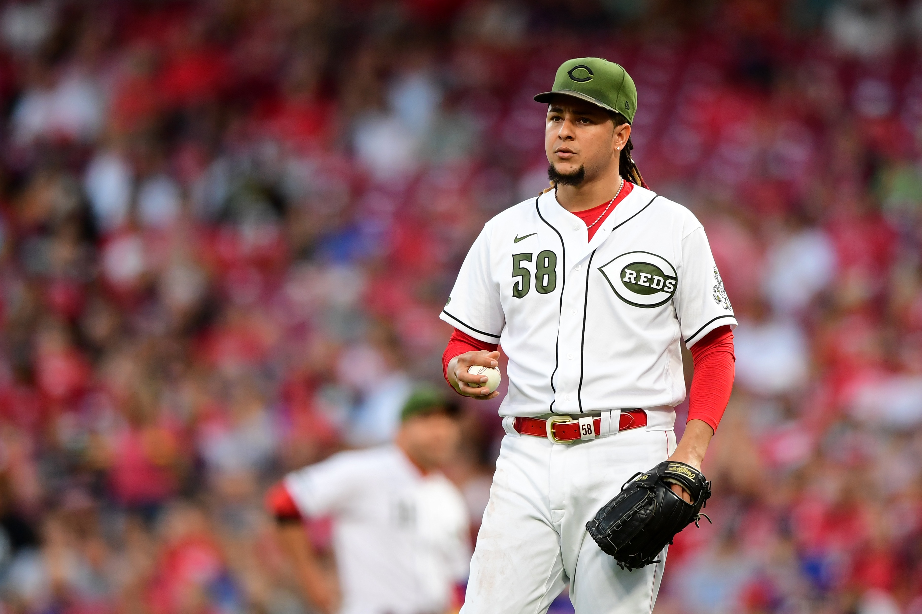 CINCINNATI, OH - SEPTEMBER 17: Luis Castillo #58 of the Cincinnati Reds pitches during the game between the Los Angeles Dodgers and the Cincinnati Reds at Great American Ball Park on Friday, September 17, 2021 in Cincinnati, Ohio. (Photo by Emilee Chinn/MLB Photos via Getty Images)