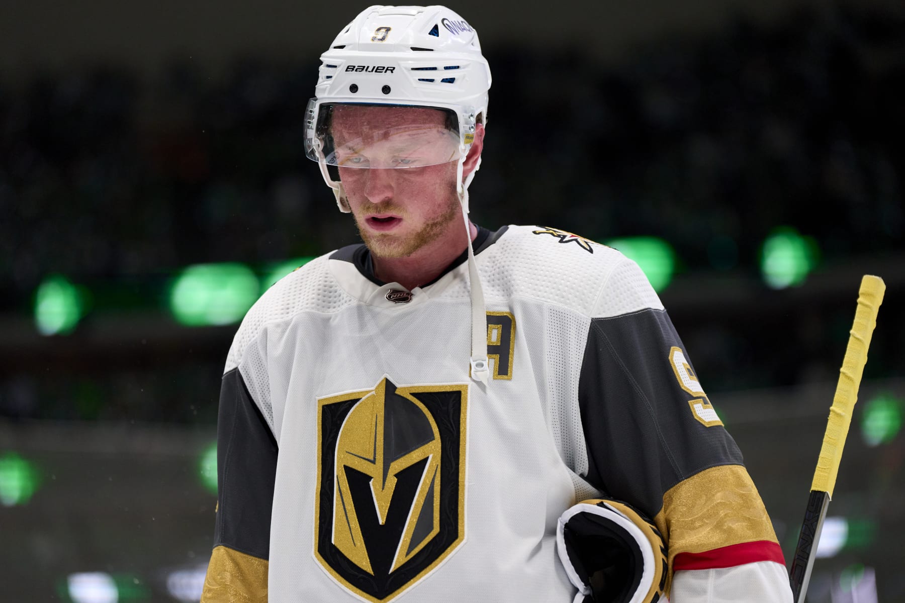 DALLAS, TEXAS - MAY 05: Jack Eichel #9 of the Vegas Golden Knights skates off the ice after being defeated by the Dallas Stars in Game Seven of the First Round of the 2024 Stanley Cup Playoffs at the American Airlines Center on May 5, 2024 in Dallas, Texas.  (Photo by Cooper Neill/Getty Images)
