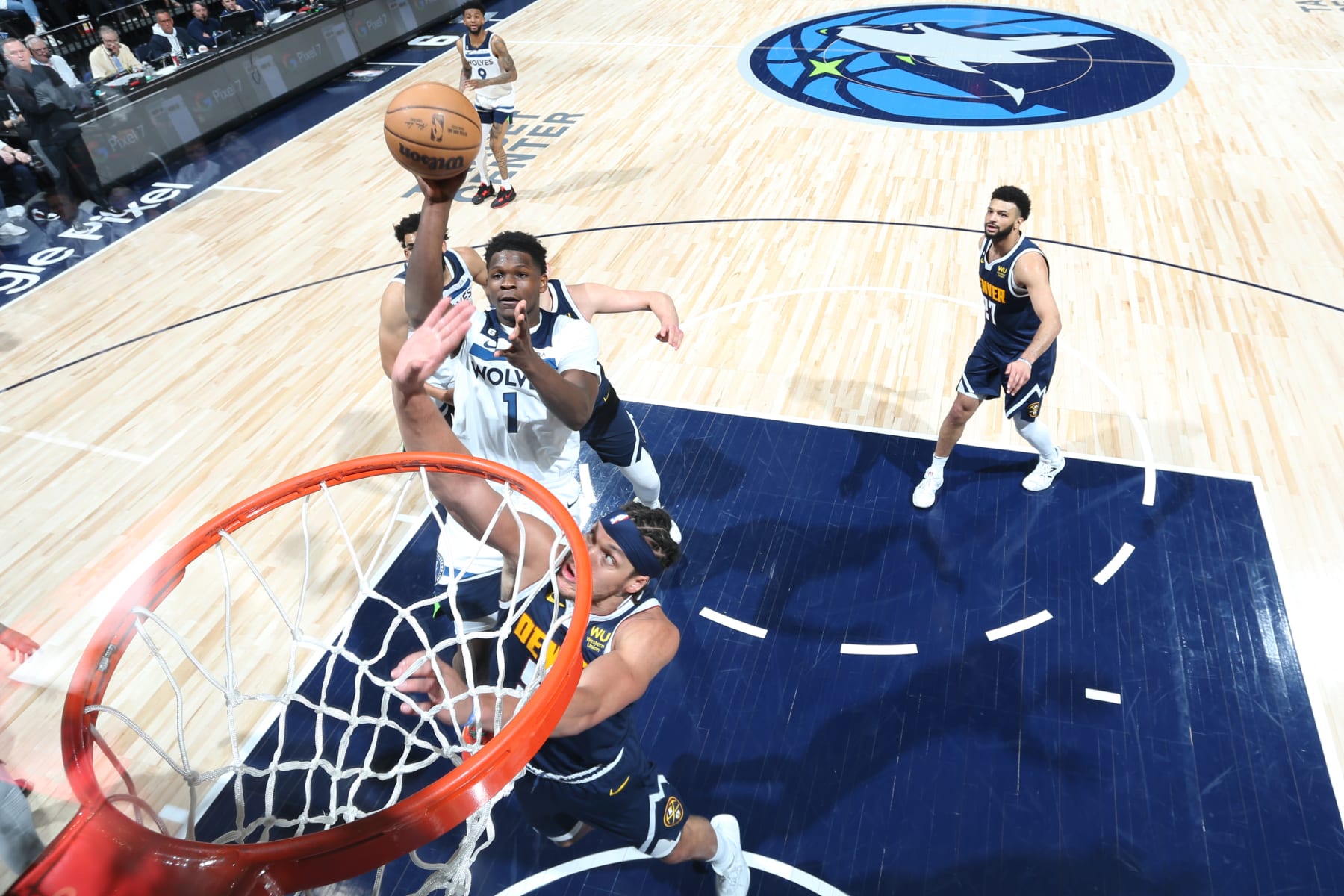 MINNEAPOLIS, MN - APRIL 23: Anthony Edwards #1 of the Minnesota Timberwolves shoots the ball during Round 1 Game 4 of the 2023 NBA Playoffs against the Denver Nuggets on April 23, 2023 at Target Center in Minneapolis, Minnesota. NOTE TO USER: User expressly acknowledges and agrees that, by downloading and or using this Photograph, user is consenting to the terms and conditions of the Getty Images License Agreement. Mandatory Copyright Notice: Copyright 2023 NBAE (Photo by David Sherman/NBAE via Getty Images)