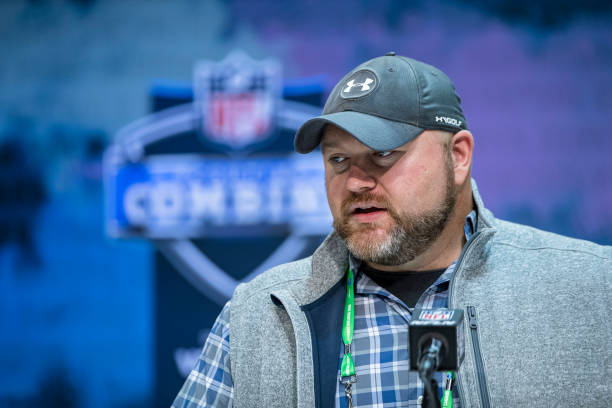 INDIANAPOLIS, IN - FEBRUARY 25: General manager Joe Douglas of the New York Jets speaks to the media at the Indiana Convention Center on February 25, 2020 in Indianapolis, Indiana. (Photo by Michael Hickey/Getty Images) *** Local Capture *** Joe Douglas