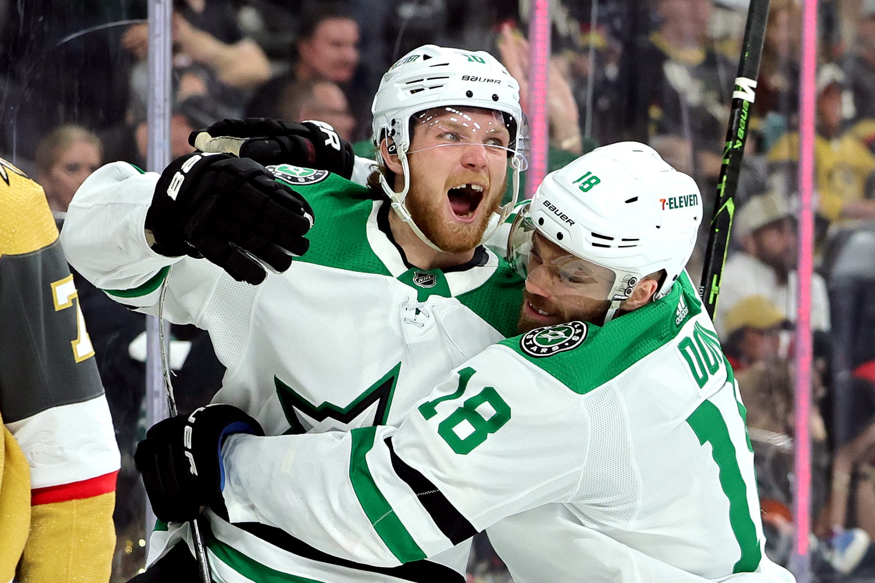 LAS VEGAS, NEVADA - MAY 27:  Ty Dellandrea #10 of the Dallas Stars is congratulated by Max Domi #18 after scoring a goal against the Vegas Golden Knights during the third period in Game Five of the Western Conference Final of the 2023 Stanley Cup Playoffs at T-Mobile Arena on May 27, 2023 in Las Vegas, Nevada. (Photo by Ethan Miller/Getty Images)
