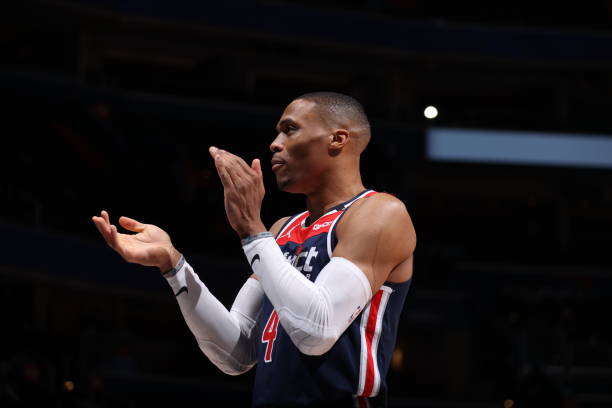 WASHINGTON, DC -  MAY 3: Russell Westbrook #4 of the Washington Wizards warms up before the game against the Indiana Pacers on May 3, 2021 at Capital One Arena in Washington, DC. NOTE TO USER: User expressly acknowledges and agrees that, by downloading and or using this Photograph, user is consenting to the terms and conditions of the Getty Images License Agreement. Mandatory Copyright Notice: Copyright 2021 NBAE (Photo by Stephen Gosling/NBAE via Getty Images)