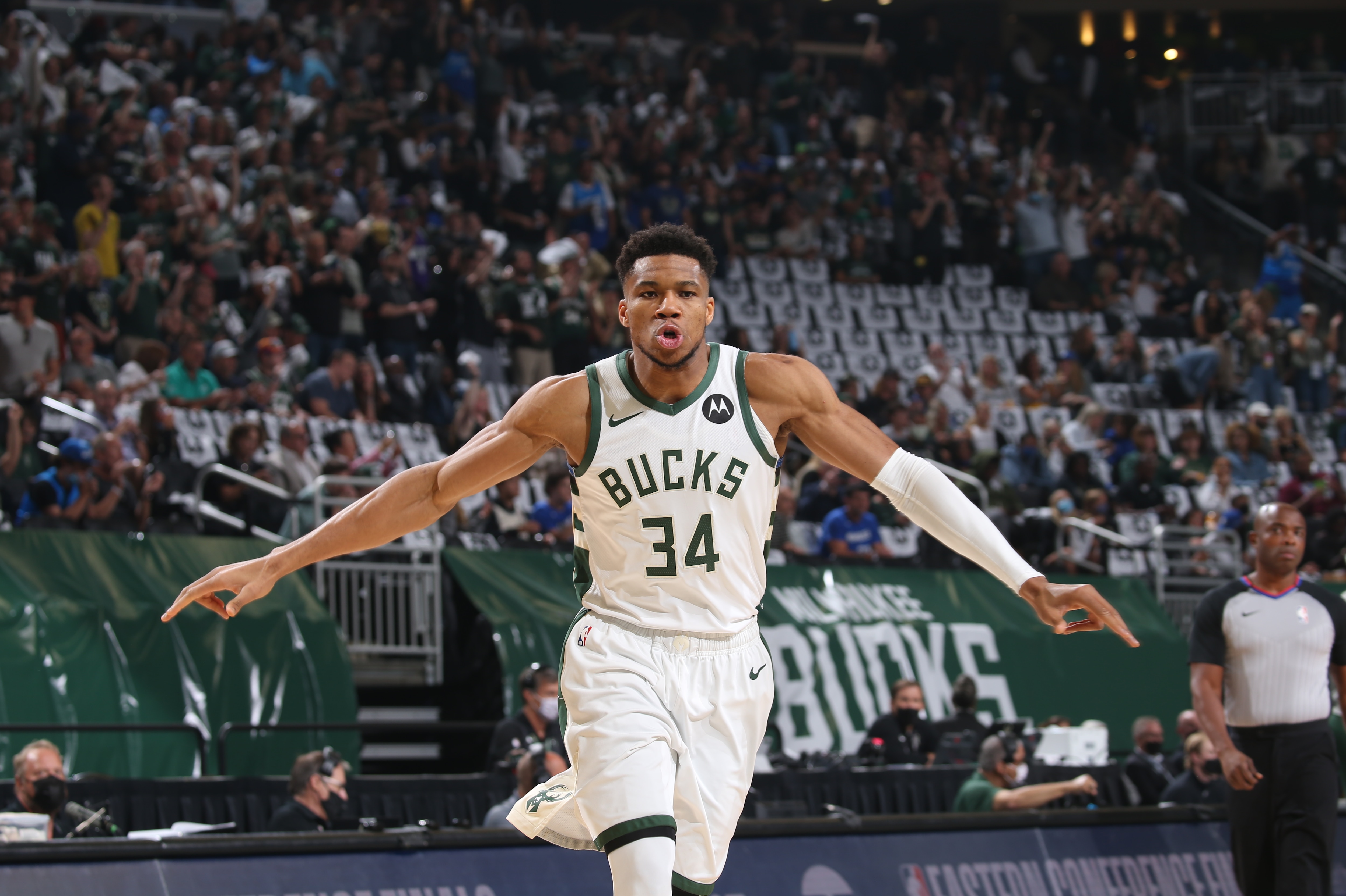 MILWAUKEE, WI - JUNE 25: Giannis Antetokounmpo #34 of the Milwaukee Bucks warms up prior to the game against the Atlanta Hawks during Game 2 of the Eastern Conference Finals of the 2021 NBA Playoffs on June 25, 2021 at the Fiserv Forum Center in Milwaukee, Wisconsin. NOTE TO USER: User expressly acknowledges and agrees that, by downloading and or using this Photograph, user is consenting to the terms and conditions of the Getty Images License Agreement. Mandatory Copyright Notice: Copyright 2021 NBAE (Photo by Gary Dineen/NBAE via Getty Images).