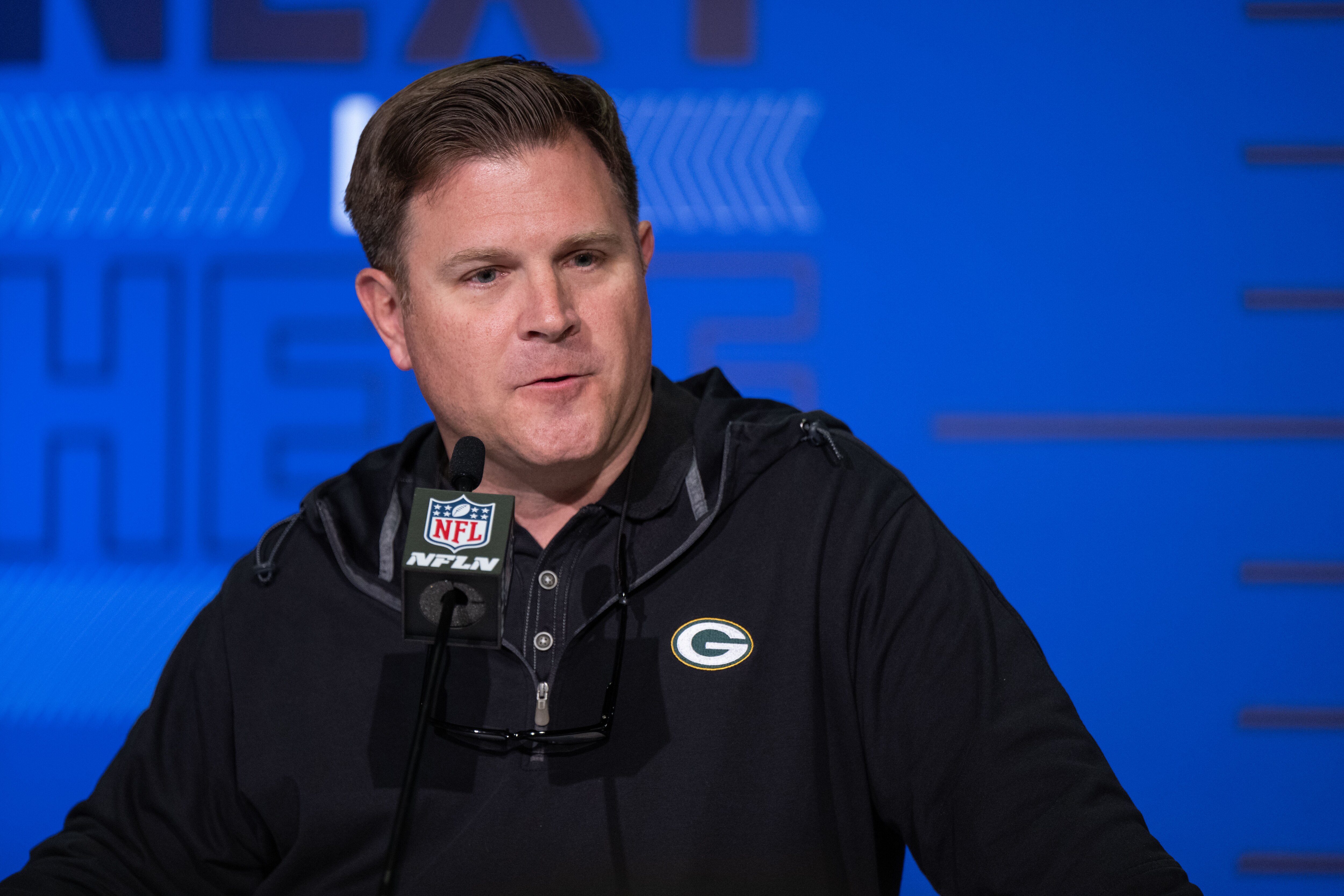 INDIANAPOLIS, IN - MARCH 01: Green Bay Packers general manager Brian Gutekunst answers questions from the media during the NFL Scouting Combine on March 1, 2022, at the Indiana Convention Center in Indianapolis, IN. (Photo by Zach Bolinger/Icon Sportswire via Getty Images)