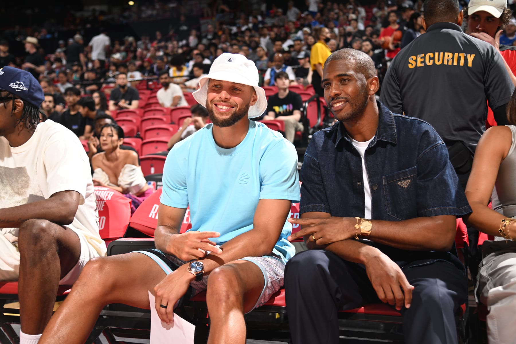 LAS VEGAS, NV - JULY 9: Stephen Curry of the Golden State Warriors and Chris Paul attend a game between the New Orleans Pelicans and the Golden State Warriors during the 2023 NBA Las Vegas Summer League on JULY 9, 2023 at the Thomas & Mack Center in Las Vegas, Nevada. NOTE TO USER: User expressly acknowledges and agrees that, by downloading and or using this photograph, User is consenting to the terms and conditions of the Getty Images License Agreement. Mandatory Copyright Notice: Copyright 2023 NBAE (Photo by Logan Riely/NBAE via Getty Images)
