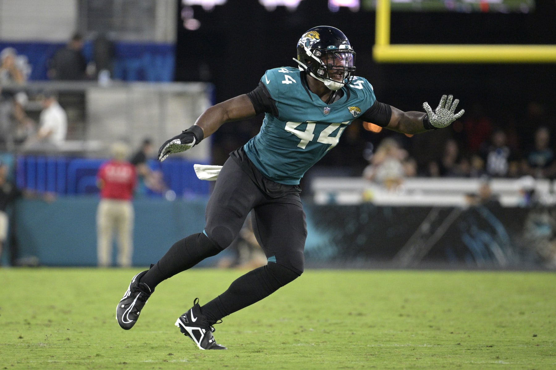 Jacksonville Jaguars linebacker Travon Walker (44) follows a play during the first half of a preseason NFL football game against the Pittsburgh Steelers, Saturday, Aug. 20, 2022, in Jacksonville, Fla. (AP Photo/Phelan M. Ebenhack)