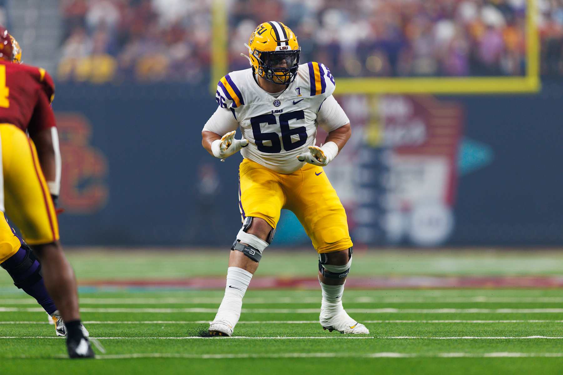 LAS VEGAS, NEVADA - SEPTEMBER 1: Will Campbell #66 of the LSU Tigers blocks during the Vegas Kickoff Classic against USC Trojans at Allegiant Stadium on September 1, 2024 in Las Vegas, Nevada. (Photo by Ric Tapia/Getty Images)