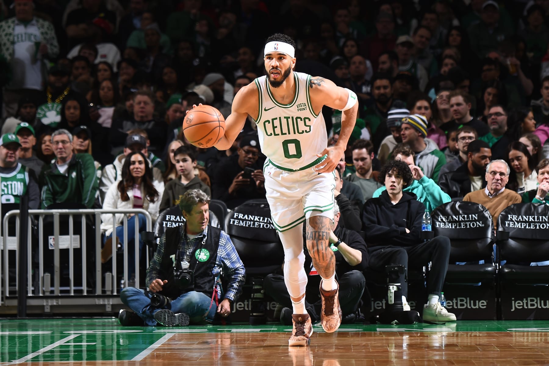 BOSTON, MA - FEBRUARY 14: Jayson Tatum #0 of the Boston Celtics handles the ball during the game against the Brooklyn Nets on February 14, 2024 at the TD Garden in Boston, Massachusetts. NOTE TO USER: User expressly acknowledges and agrees that, by downloading and or using this photograph, User is consenting to the terms and conditions of the Getty Images License Agreement. Mandatory Copyright Notice: Copyright 2024 NBAE  (Photo by Brian Babineau/NBAE via Getty Images)