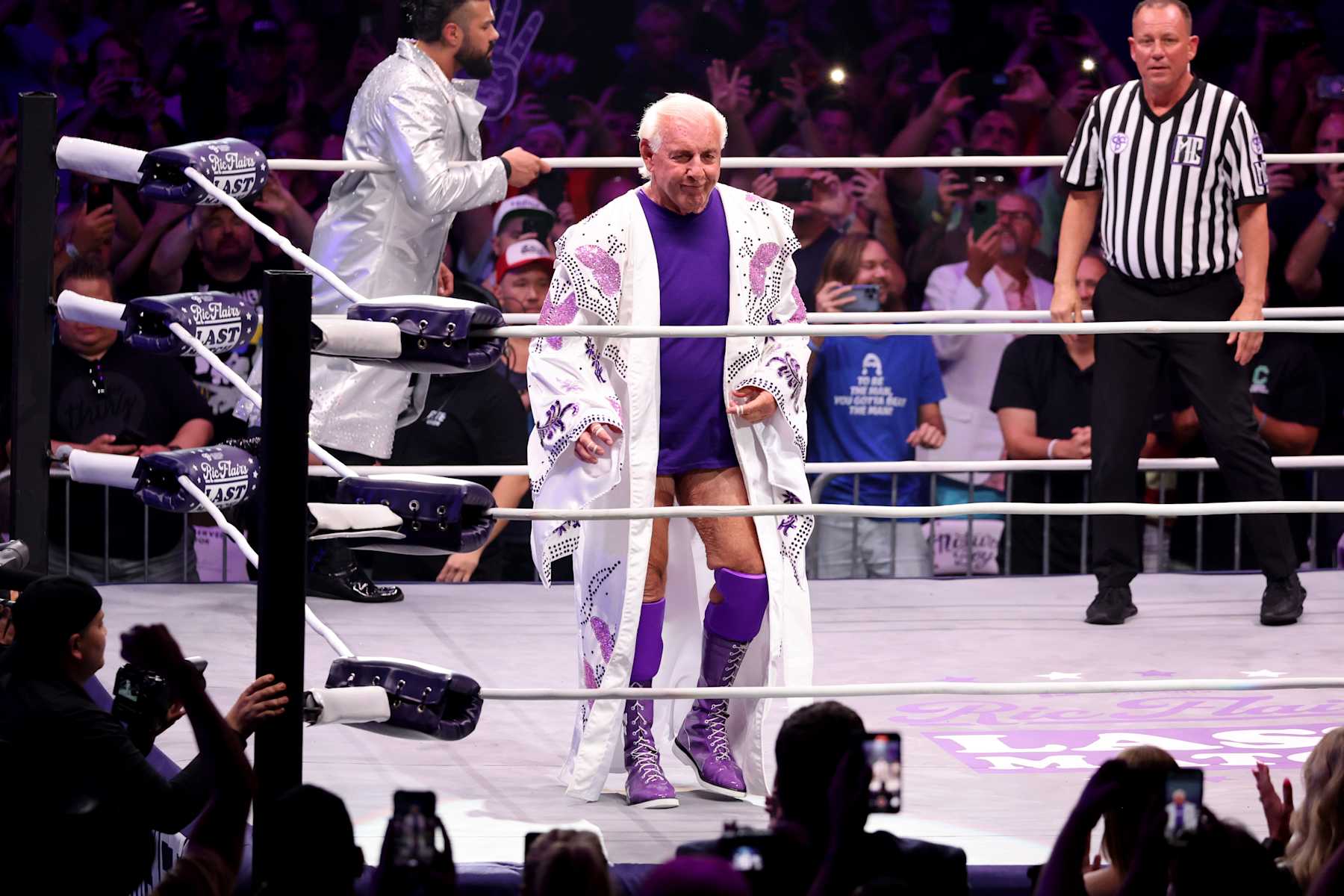 NASHVILLE, TENNESSEE - JULY 31: Ric Flair in action during Ric Flair's Last Match at Nashville Municipal Auditorium on July 31, 2022 in Nashville, Tennessee. (Photo by Jason Kempin/Getty Images)