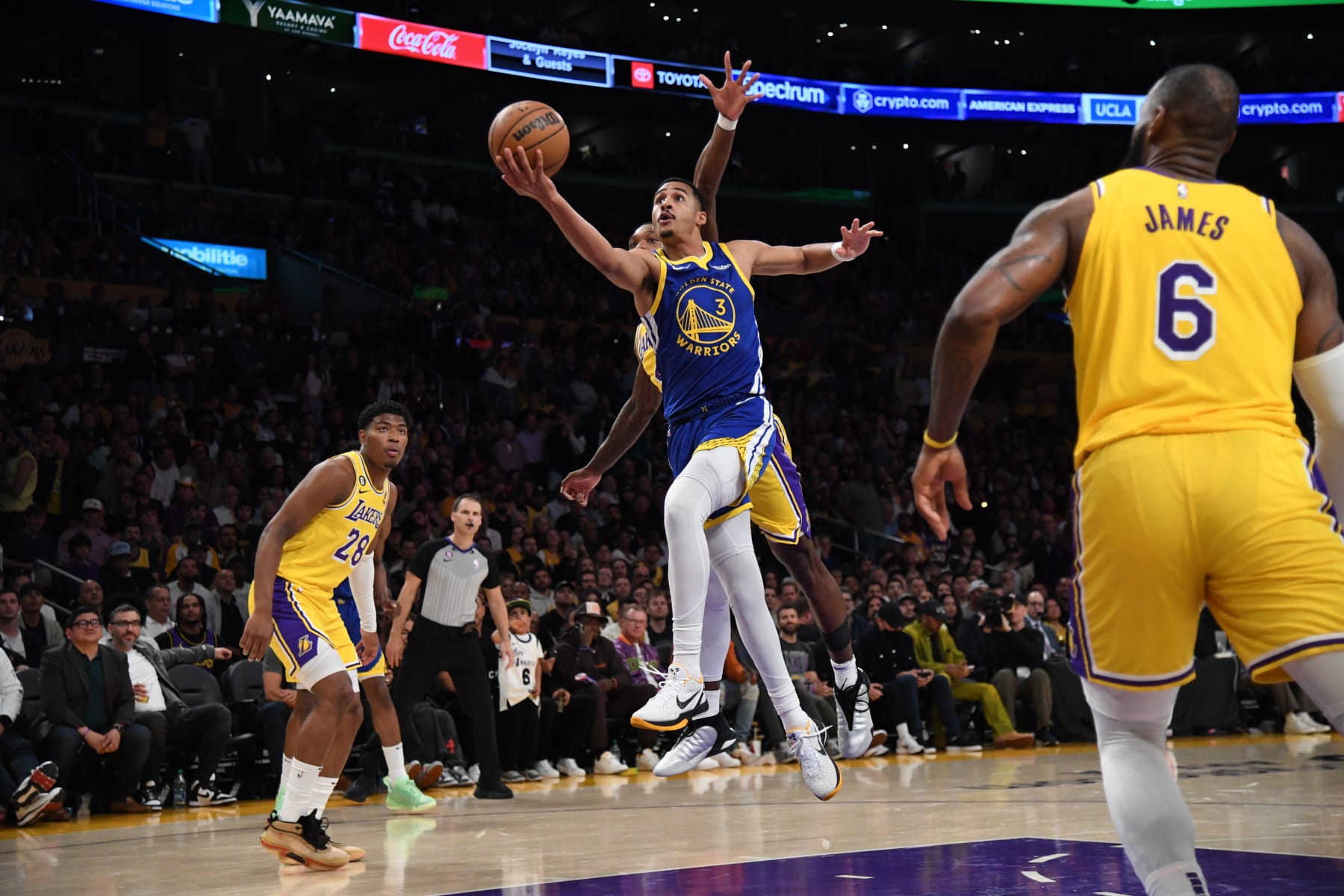 LOS ANGELES, CA - MAY 12: Jordan Poole #3 of the Golden State Warriors drives to the basket during Game Six of the Western Conference Semi-Finals of the 2023 NBA Playoffs against the Los Angeles Lakers on May 12, 2023 at Crypto.com Arena in Los Angeles, California. NOTE TO USER: User expressly acknowledges and agrees that, by downloading and/or using this Photograph, user is consenting to the terms and conditions of the Getty Images License Agreement. Mandatory Copyright Notice: Copyright 2023 NBAE (Photo by Noah Graham/NBAE via Getty Images)