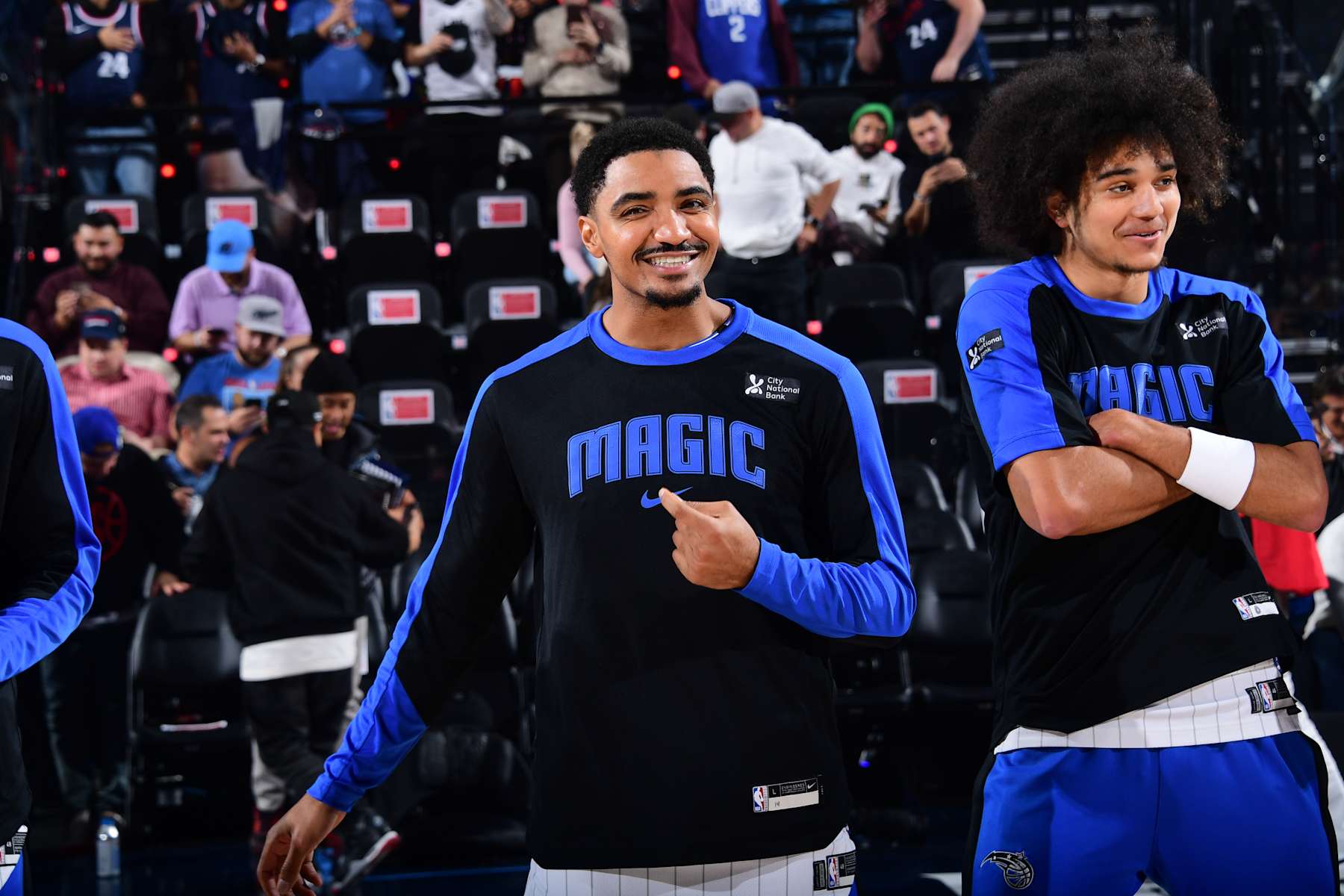 INGLEWOOD, CA - NOVEMBER 20: Gary Harris #14 and Anthony Black #0 of the Orlando Magic smile before the game against the LA Clippers on November 20, 2024 at Intuit Dome in Los Angeles, California. NOTE TO USER: User expressly acknowledges and agrees that, by downloading and/or using this Photograph, user is consenting to the terms and conditions of the Getty Images License Agreement. Mandatory Copyright Notice: Copyright 2024 NBAE (Photo by Adam Pantozzi/NBAE via Getty Images)