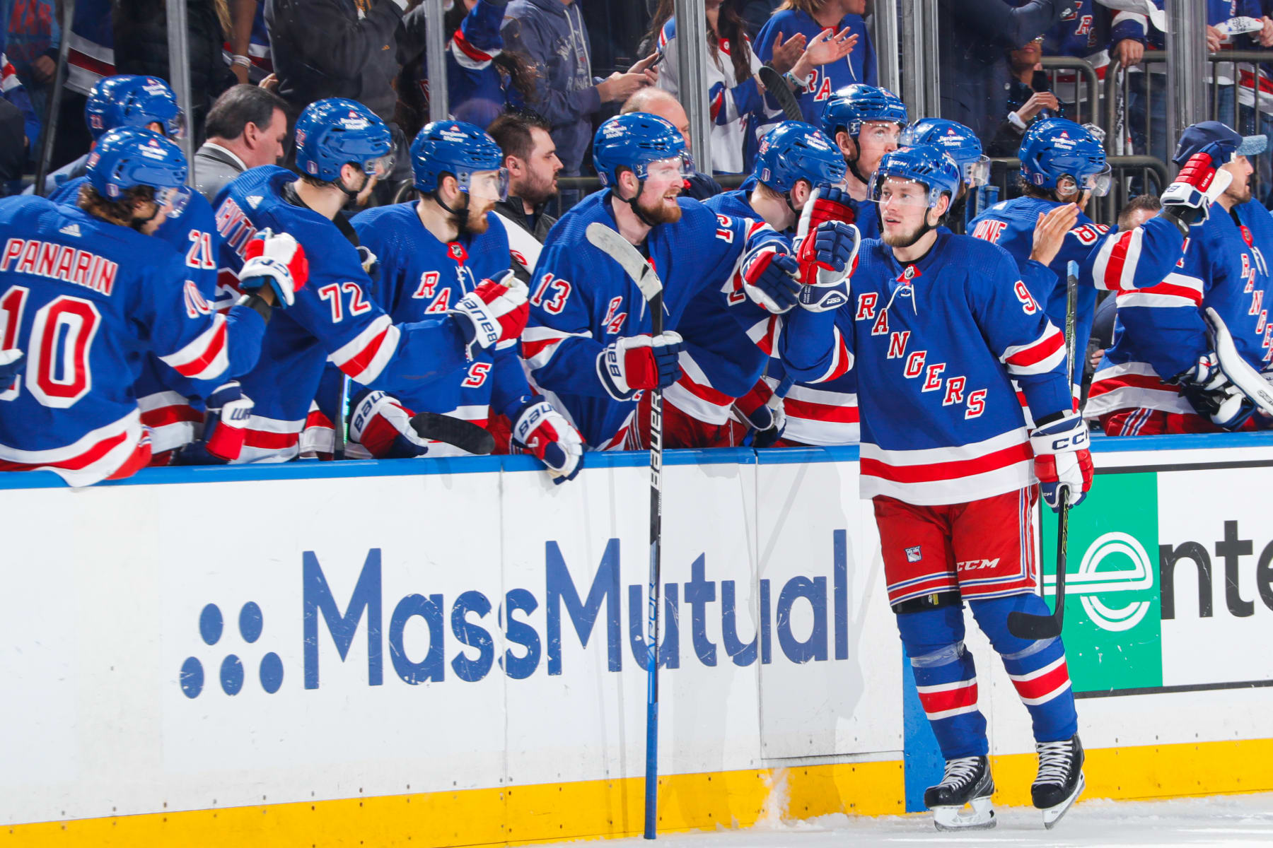 NEW YORK, NEW YORK - APRIL 29:  Vladimir Tarasenko #91 of the New York Rangers celebrates with teammates after scoring a goal in the second period against the New Jersey Devils in Game Six of the First Round of the 2023 Stanley Cup Playoffs at Madison Square Garden on April 29, 2023 in New York City. (Photo by Jared Silber/NHLI via Getty Images)