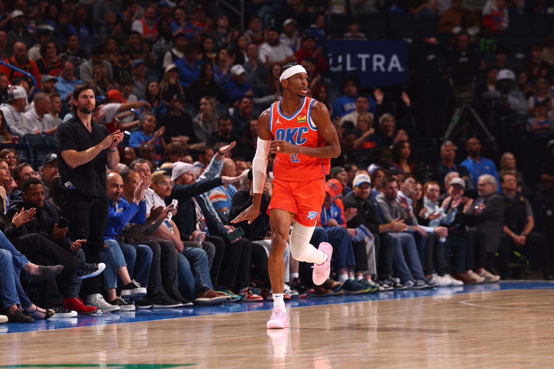OKLAHOMA CITY, OK - FEBRUARY 27: Shai Gilgeous-Alexander #2 of the Oklahoma City Thunder celebrates during the game against the Houston Rockets on February, 2024 at Paycom Arena in Oklahoma City, Oklahoma. NOTE TO USER: User expressly acknowledges and agrees that, by downloading and or using this photograph, User is consenting to the terms and conditions of the Getty Images License Agreement. Mandatory Copyright Notice: Copyright 2024 NBAE (Photo by Zach Beeker/NBAE via Getty Images)