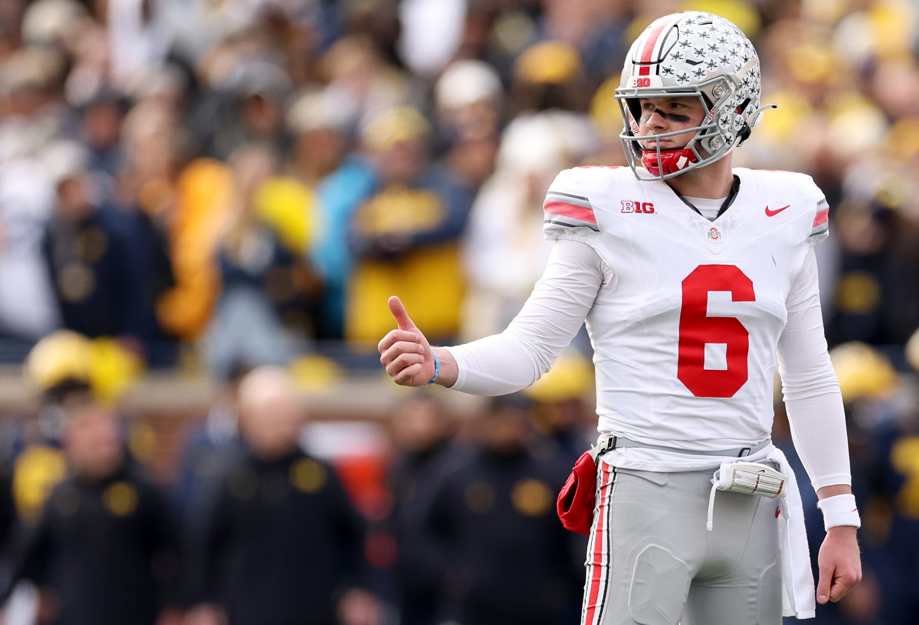 ANN ARBOR, MICHIGAN - NOVEMBER 25: Kyle McCord #6 of the Ohio State Buckeyes gives the thumbs-up against the Michigan Wolverines during the second quarter in the game at Michigan Stadium on November 25, 2023 in Ann Arbor, Michigan. (Photo by Ezra Shaw/Getty Images)