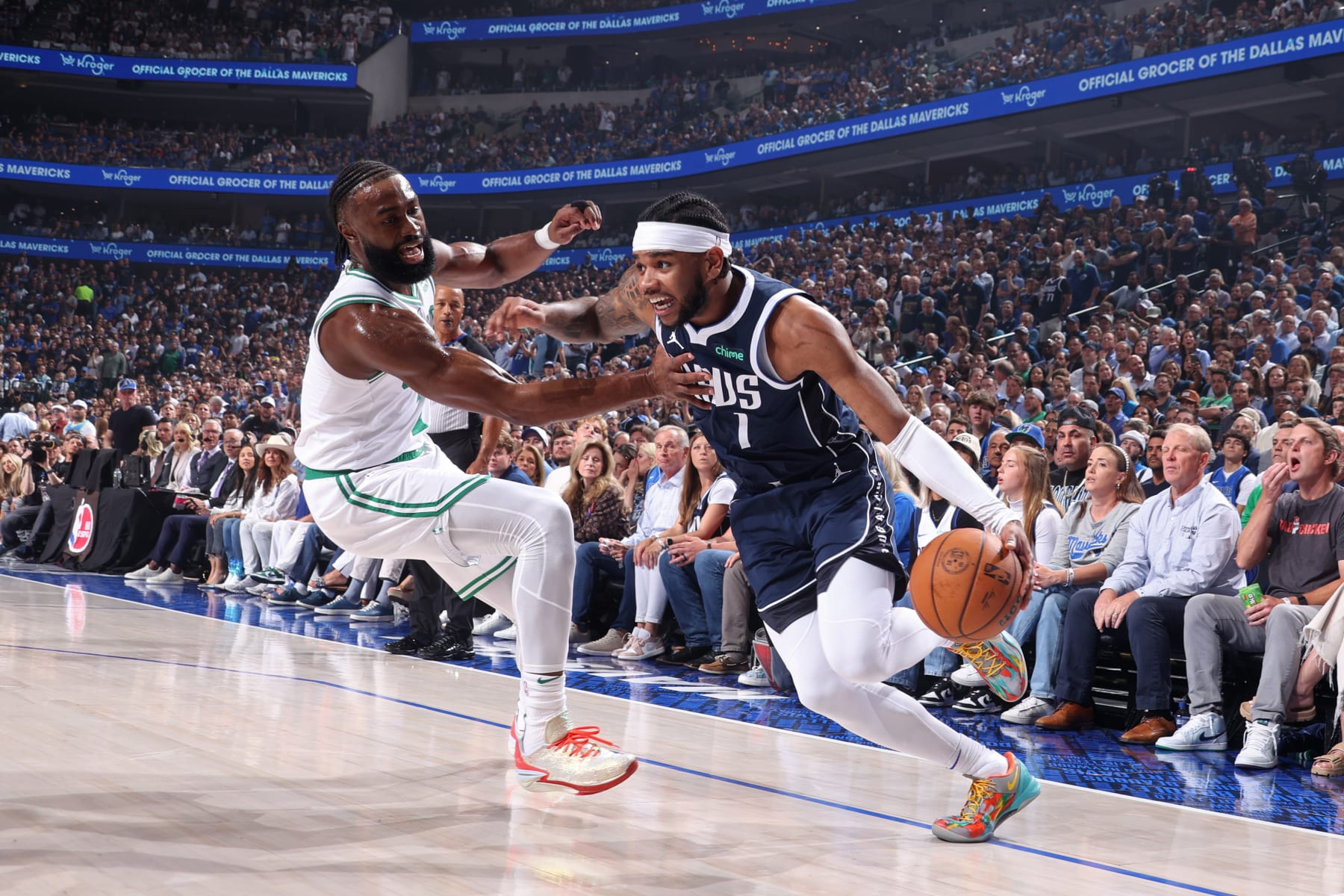 DALLAS, TX - JUNE 12: Jaden Hardy #1 of the Dallas Mavericks drives to the basket during the game against the Boston Celtics during Game 3 of the 2024 NBA Finals on June 12, 2024 at the American Airlines Center in Dallas, Texas. NOTE TO USER: User expressly acknowledges and agrees that, by downloading and or using this photograph, User is consenting to the terms and conditions of the Getty Images License Agreement. Mandatory Copyright Notice: Copyright 2024 NBAE (Photo by Nathaniel S. Butler/NBAE via Getty Images)