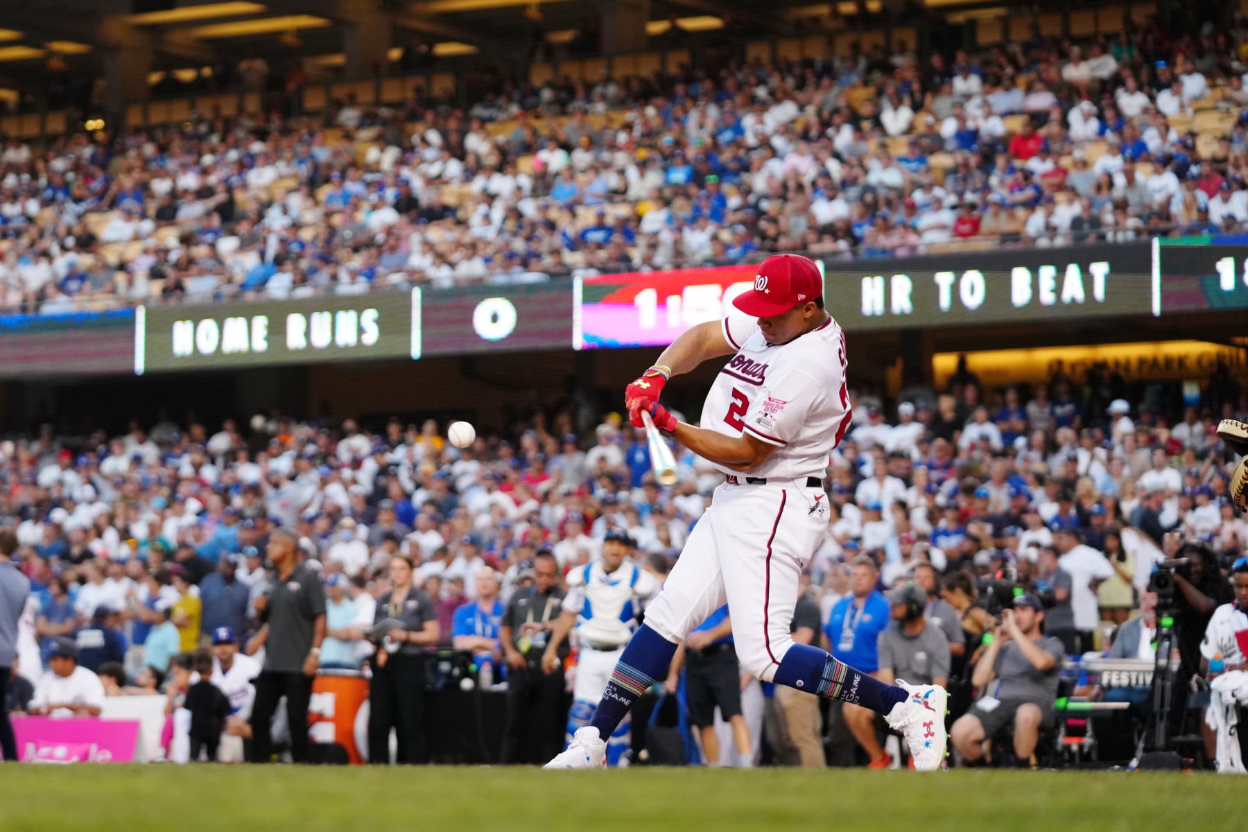 LOS ANGELES, CA - JULY 18:  Juan Soto #22 of the Washington Nationals bats during the T-Mobile Home Run Derby at Dodger Stadium on Monday, July 18, 2022 in Los Angeles, California. (Photo by Daniel Shirey/MLB Photos via Getty Images)