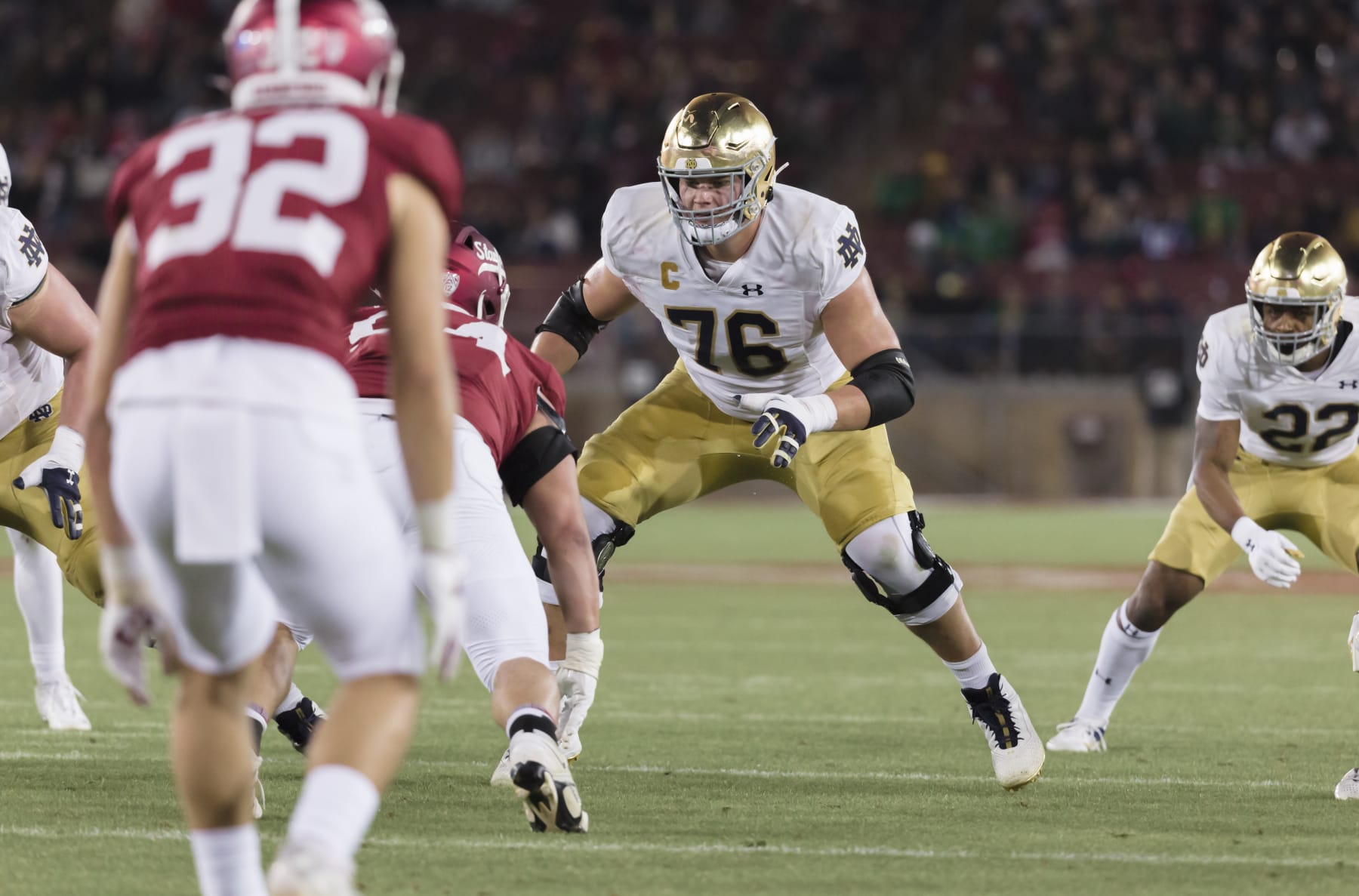 PALO ALTO, CA - NOVEMBER 25:  Joe Alt #76 of the Notre Dame Fighting Irish plays in a  college football game against the Stanford Cardinal on November 25, 2023 at Stanford Stadium in Palo Alto, California.  (Photo by David Madison/Getty Images)