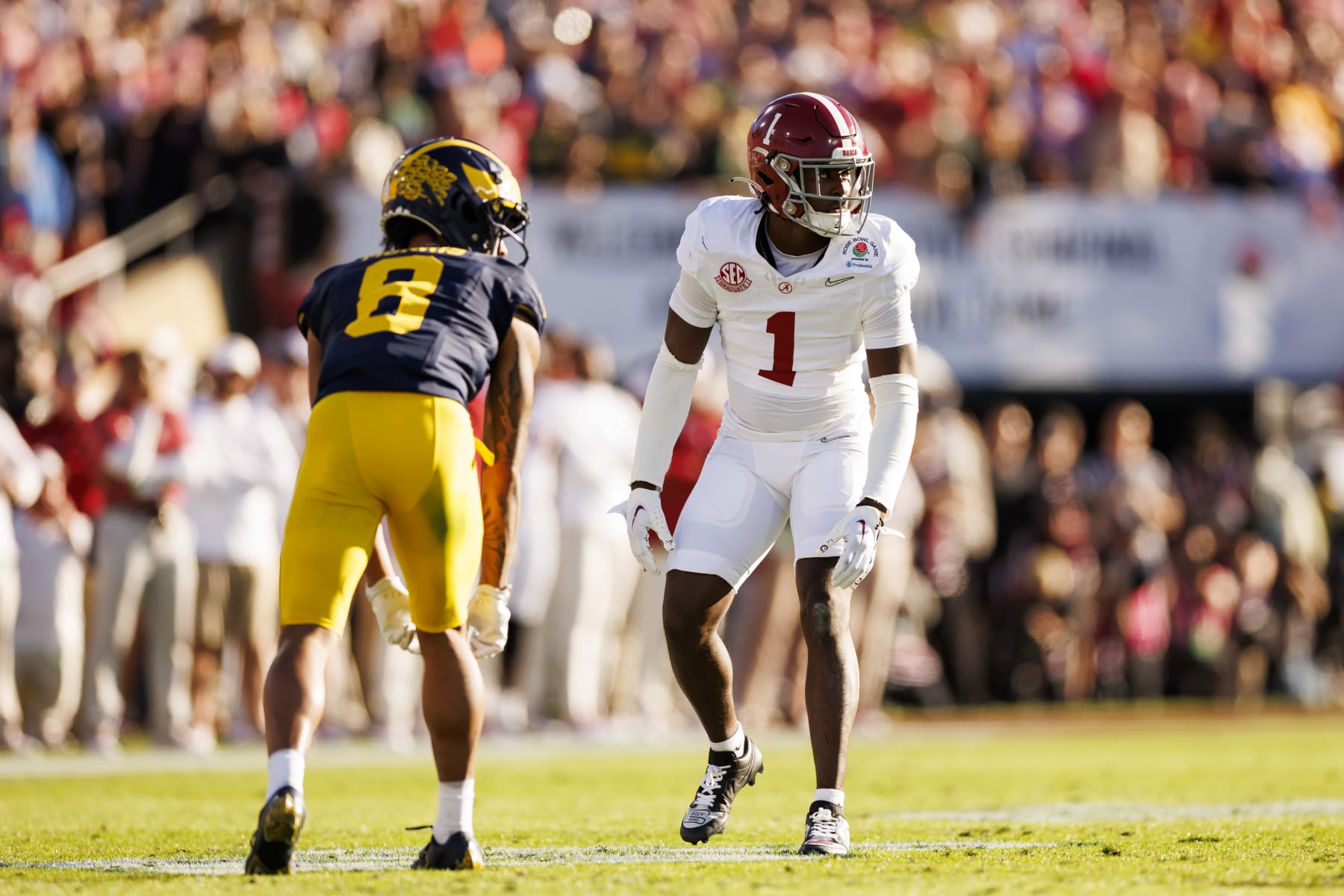 PASADENA, CALIFORNIA - JANUARY 01: Defensive back Kool-Aid McKinstry #1 of the Alabama Crimson Tide defends in coverage during the CFP Semifinal Rose Bowl Game against the Michigan Wolverines at Rose Bowl Stadium on January 1, 2024 in Pasadena, California. (Photo by Ryan Kang/Getty Images)
