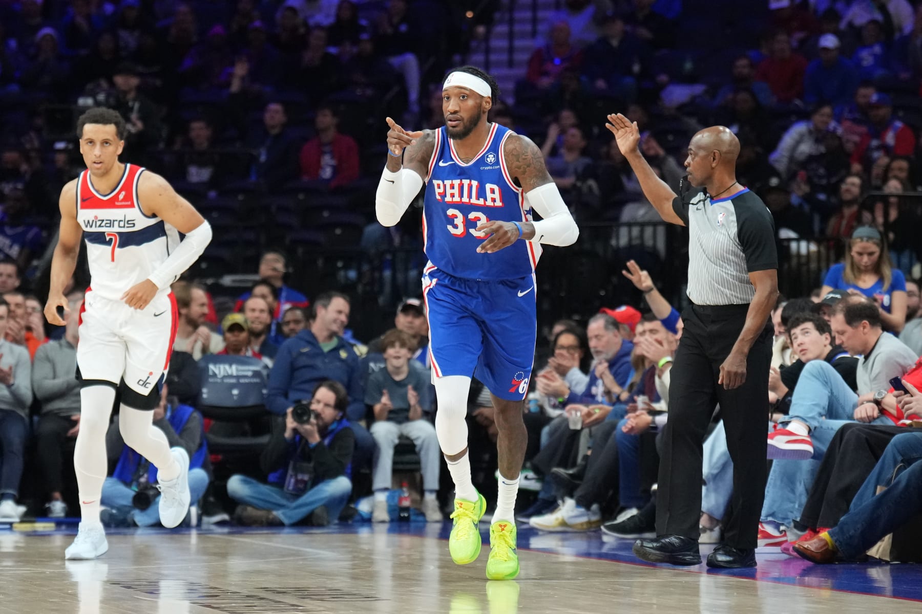 PHILADELPHIA, PA - DECEMBER 11: Robert Covington #33 of the Philadelphia 76ers celebrates during the game against the Washington Wizards on December 11, 2023 at the Wells Fargo Center in Philadelphia, Pennsylvania NOTE TO USER: User expressly acknowledges and agrees that, by downloading and/or using this Photograph, user is consenting to the terms and conditions of the Getty Images License Agreement. Mandatory Copyright Notice: Copyright 2023 NBAE (Photo by Jesse D. Garrabrant/NBAE via Getty Images)