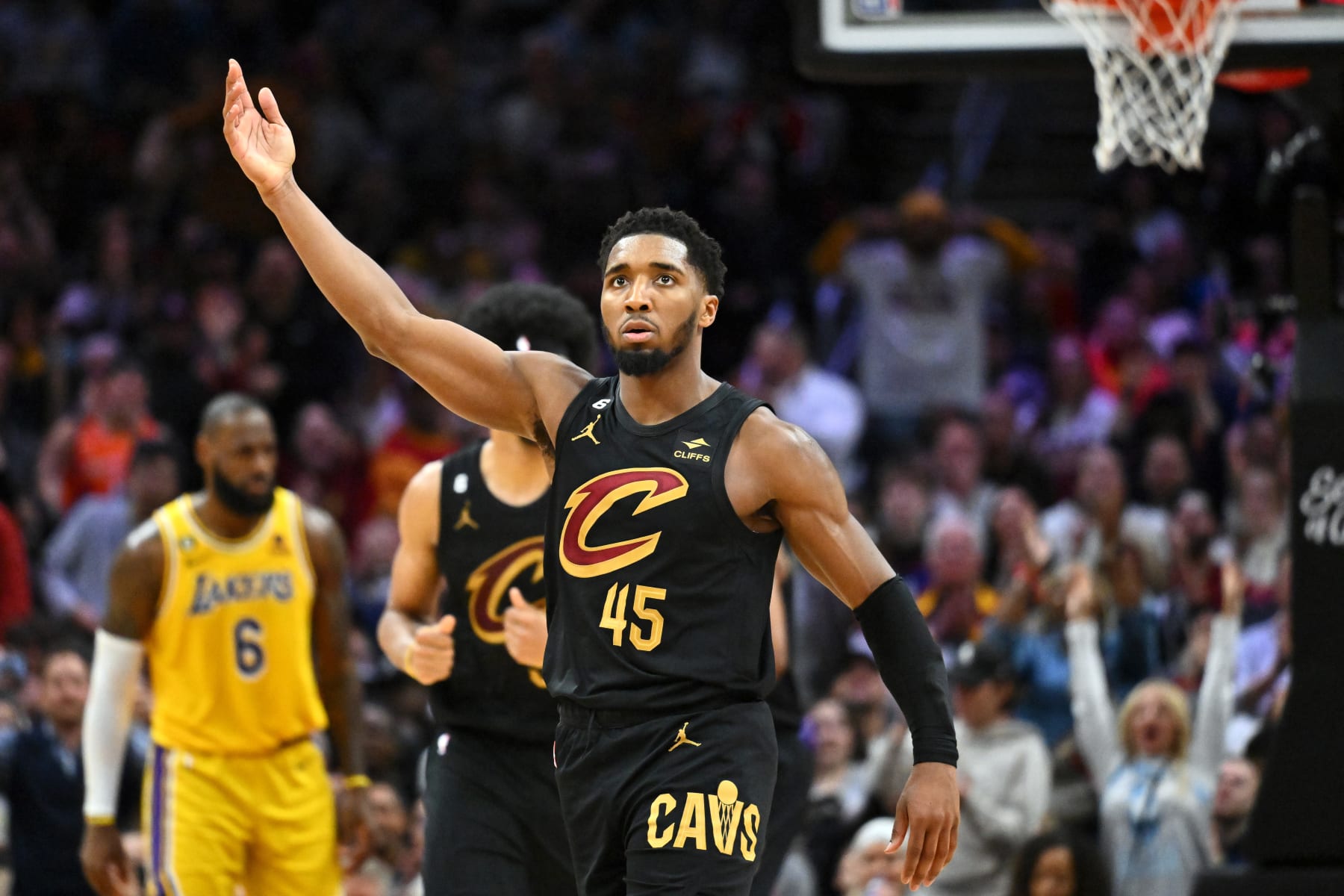 CLEVELAND, OHIO - DECEMBER 06: Donovan Mitchell #45 of the Cleveland Cavaliers celebrates during the fourth quarter against the Los Angeles Lakers at Rocket Mortgage Fieldhouse on December 06, 2022 in Cleveland, Ohio. The Cavaliers defeated the Lakers 115-100. NOTE TO USER: User expressly acknowledges and agrees that, by downloading and or using this photograph, User is consenting to the terms and conditions of the Getty Images License Agreement. (Photo by Jason Miller/Getty Images)