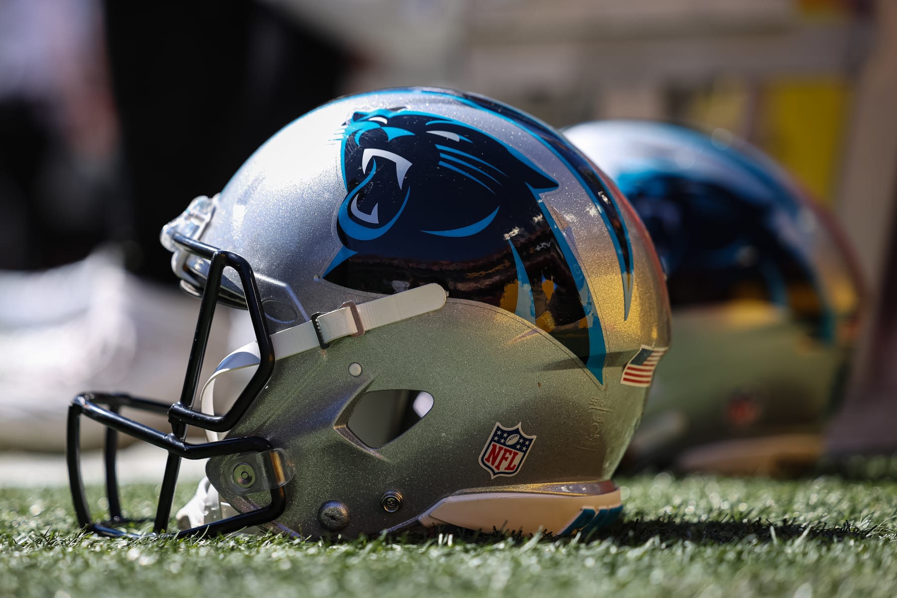 LANDOVER, MD - AUGUST 13: A general view of a Carolina Panthers helmet during the second half of the preseason game between the Washington Commanders and the Carolina Panthers at FedExField on August 13, 2022 in Landover, Maryland. (Photo by Scott Taetsch/Getty Images)