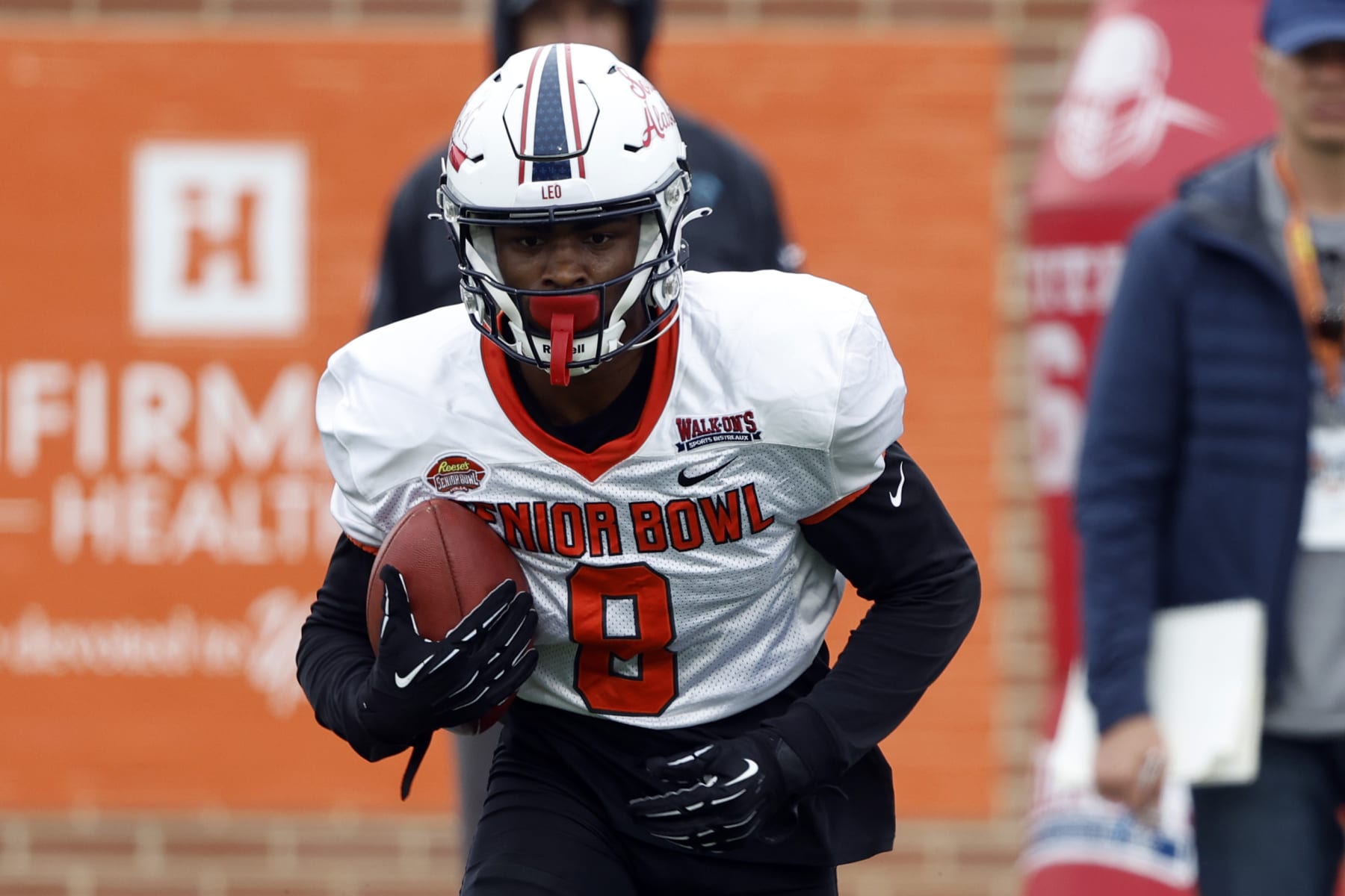 American wide receiver Jalen Wayne of South Alabama (8) runs through drills during practice for the Senior Bowl NCAA college football game Thursday, Feb. 2, 2023, in Mobile, Ala.. (AP Photo/Butch Dill)