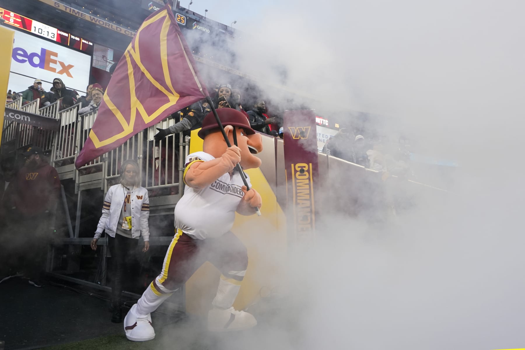 LANDOVER, MARYLAND - JANUARY 08: Washington Commanders new mascot Major Tuddy takes the field prior to the team's game against the Dallas Cowboys at FedExField on January 08, 2023 in Landover, Maryland. (Photo by Jess Rapfogel/Getty Images)