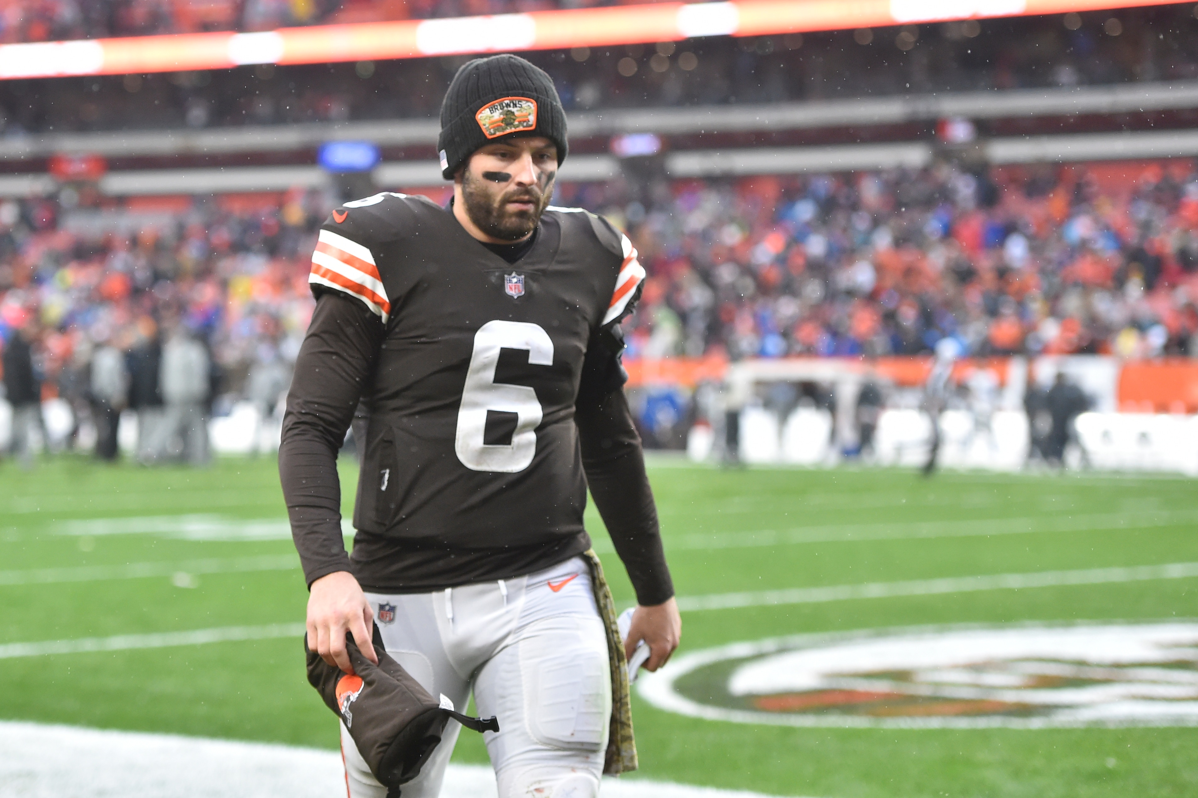 Cleveland Browns quarterback Baker Mayfield (6) walks off the field after an NFL football game against the Detroit Lions, Sunday, Nov. 21, 2021, in Cleveland. The Browns won 13-10. (AP Photo/David Richard)