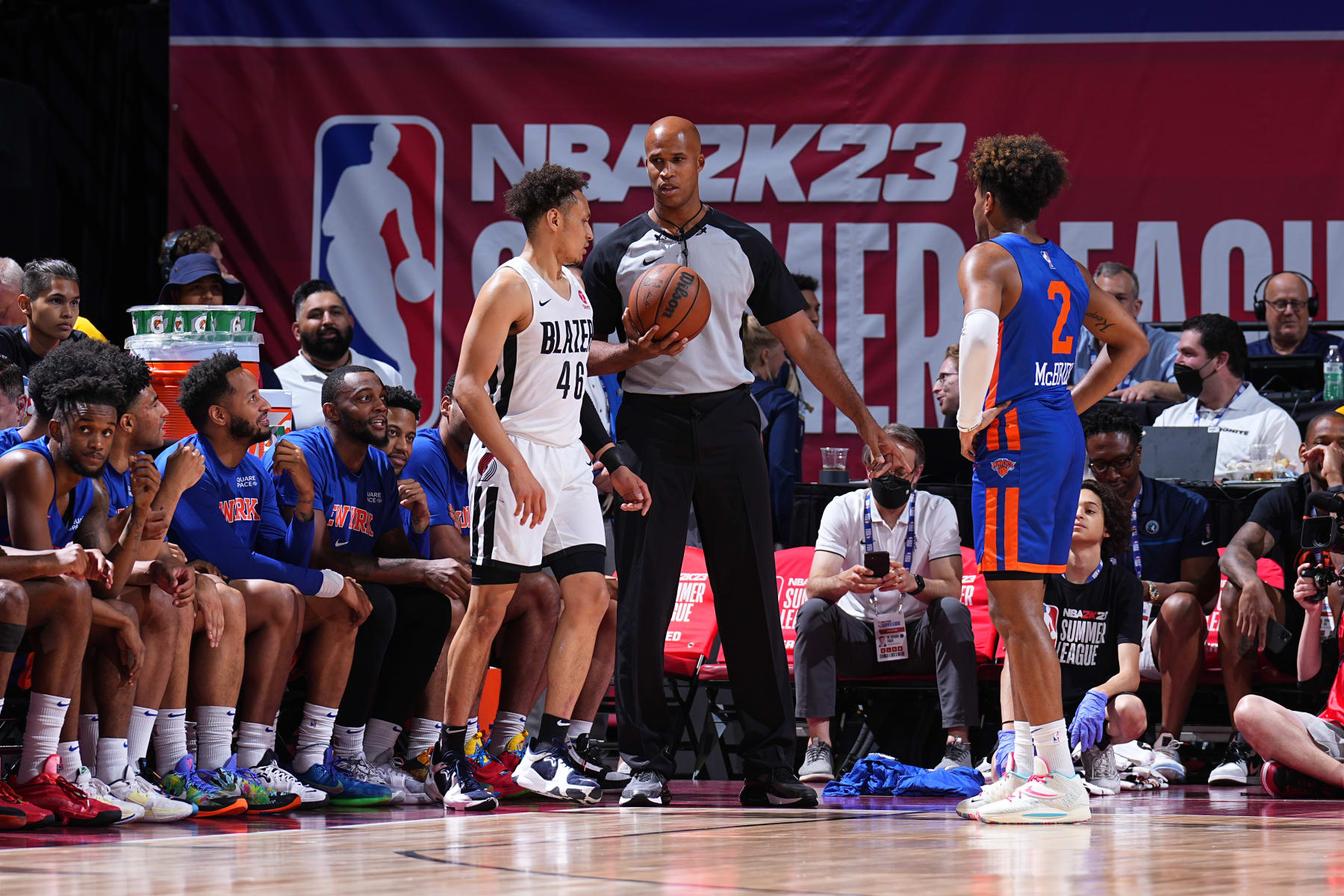 LAS VEGAS, NV - JULY 11:  Richard Jefferson as the referee of the game between New York Knicks and Portland Trail Blazers during the 2022 Las Vegas Summer League on July 11, 2022 at the Thomas & Mack Center in Las Vegas, Nevada NOTE TO USER: User expressly acknowledges and agrees that, by downloading and/or using this Photograph, user is consenting to the terms and conditions of the Getty Images License Agreement. Mandatory Copyright Notice: Copyright 2022 NBAE (Photo by Garrett Ellwood/NBAE via Getty Images)