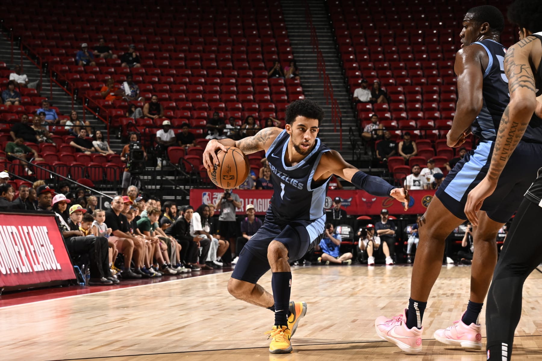 LAS VEGAS, NV - JULY 22: Scotty Pippen Jr. #1 of the Memphis Grizzlies handles the ball during the game against the Miami Heat on July 22, 2024 at the Thomas & Mack Center in Las Vegas, Nevada. NOTE TO USER: User expressly acknowledges and agrees that, by downloading and or using this photograph, User is consenting to the terms and conditions of the Getty Images License Agreement. Mandatory Copyright Notice: Copyright 2024 NBAE (Photo by David Dow/NBAE via Getty Images)