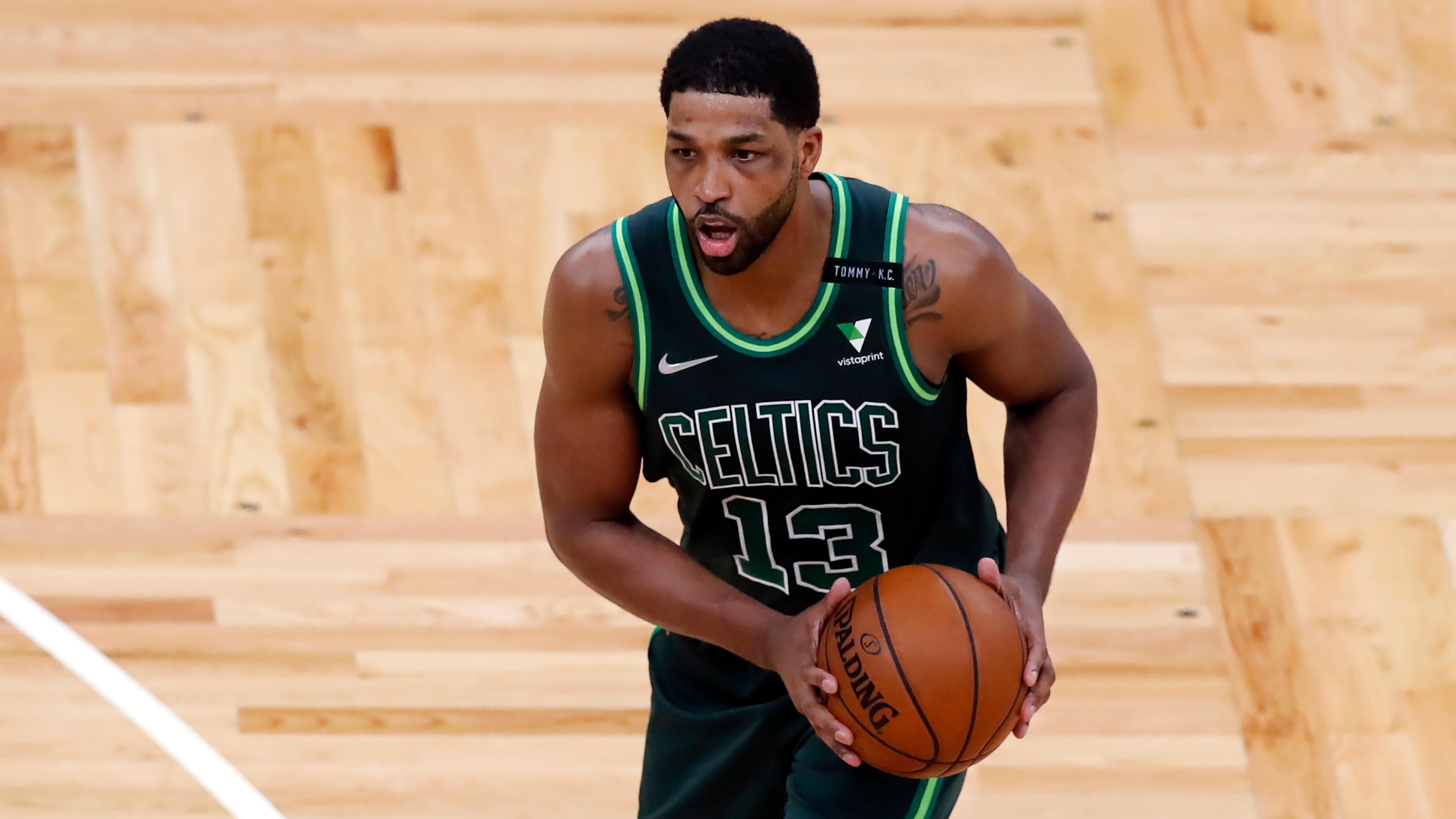Boston Celtics' Tristan Thompson plays against the Portland Trail Blazers during the first half of an NBA basketball game, Sunday, May 2, 2021, in Boston. (AP Photo/Michael Dwyer)