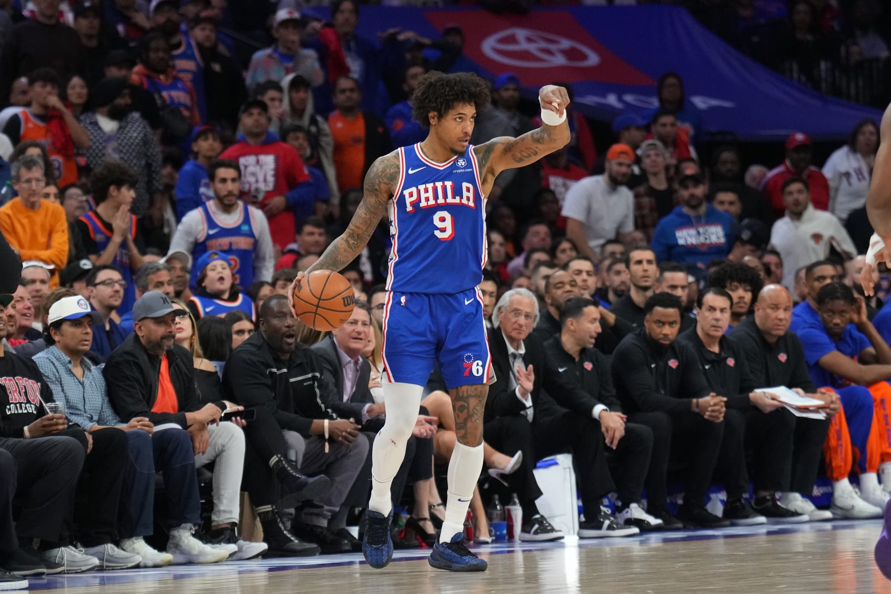 PHILADELPHIA, PA - APRIL 25: Kelly Oubre Jr. #9 of the Philadelphia 76ers dribbles the ball during the game against the New York Knicks during Round 1 Game 3 of the 2024 NBA Playoffs on April 25, 2024 at the Wells Fargo Center in Philadelphia, Pennsylvania NOTE TO USER: User expressly acknowledges and agrees that, by downloading and/or using this Photograph, user is consenting to the terms and conditions of the Getty Images License Agreement. Mandatory Copyright Notice: Copyright 2024 NBAE (Photo by Jesse D. Garrabrant/NBAE via Getty Images)