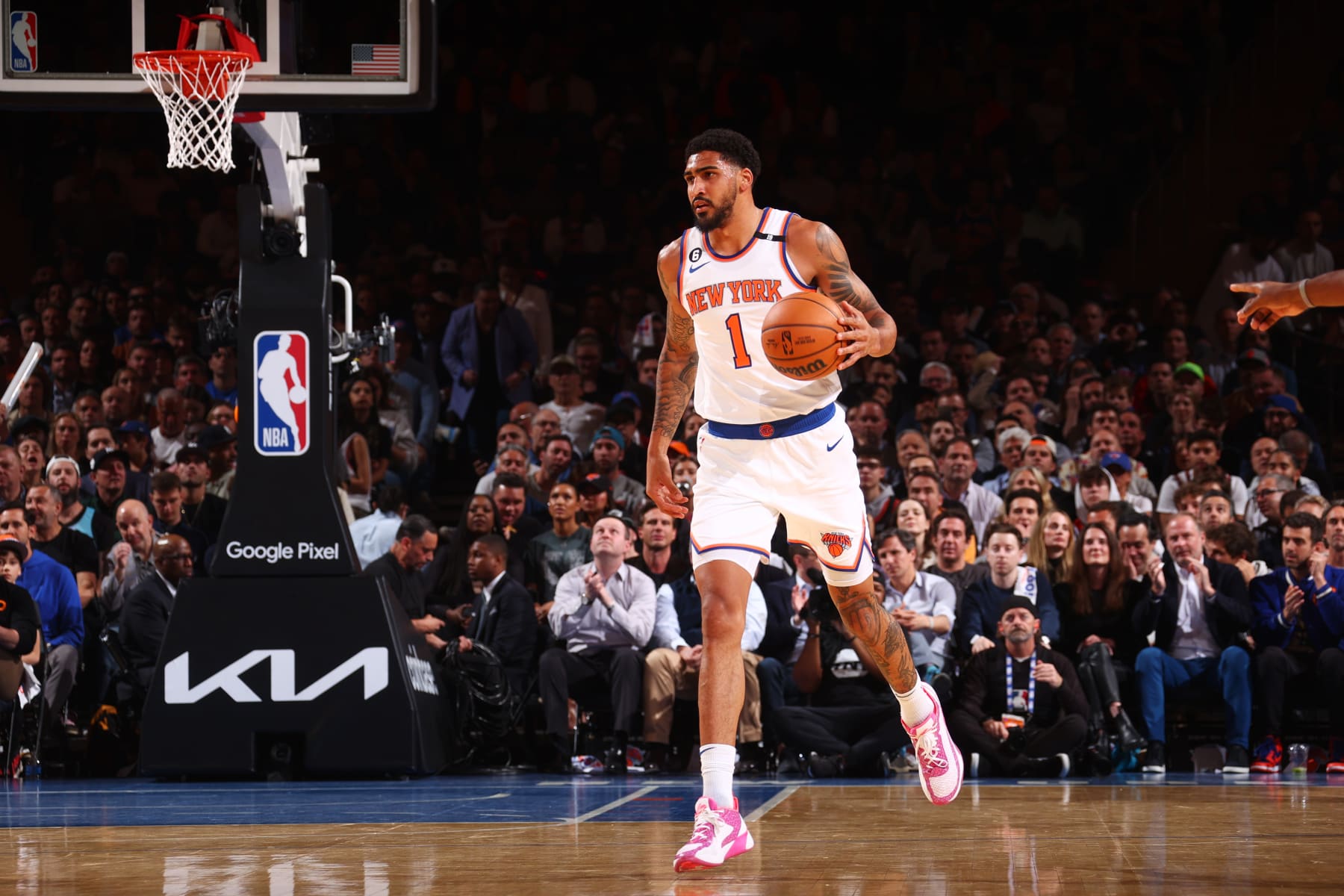 NEW YORK, NY - MAY 10: Obi Toppin #1 of the New York Knicks dribbles the ball during Round 2 Game 5 of the Semi-Finals 2023 NBA Playoffs against the Miami Heat on May 10, 2023 at Madison Square Garden in New York City, New York.  NOTE TO USER: User expressly acknowledges and agrees that, by downloading and or using this photograph, User is consenting to the terms and conditions of the Getty Images License Agreement. Mandatory Copyright Notice: Copyright 2023 NBAE  (Photo by Nathaniel S. Butler/NBAE via Getty Images)