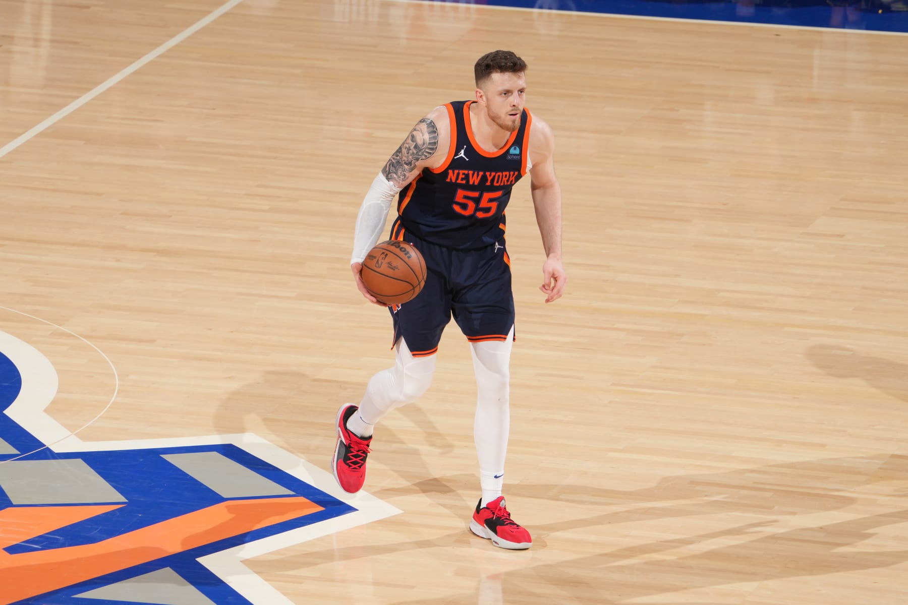 NEW YORK, NY - MAY 8: Isaiah Hartenstein #55 of the New York Knicks dribbles the ball during the game against the Indiana Pacers during Round 2 Game 2 of the 2024 NBA Playoffs on May 8, 2024 at Madison Square Garden in New York City, New York.  NOTE TO USER: User expressly acknowledges and agrees that, by downloading and or using this photograph, User is consenting to the terms and conditions of the Getty Images License Agreement. Mandatory Copyright Notice: Copyright 2024 NBAE  (Photo by Jesse D. Garrabrant/NBAE via Getty Images)