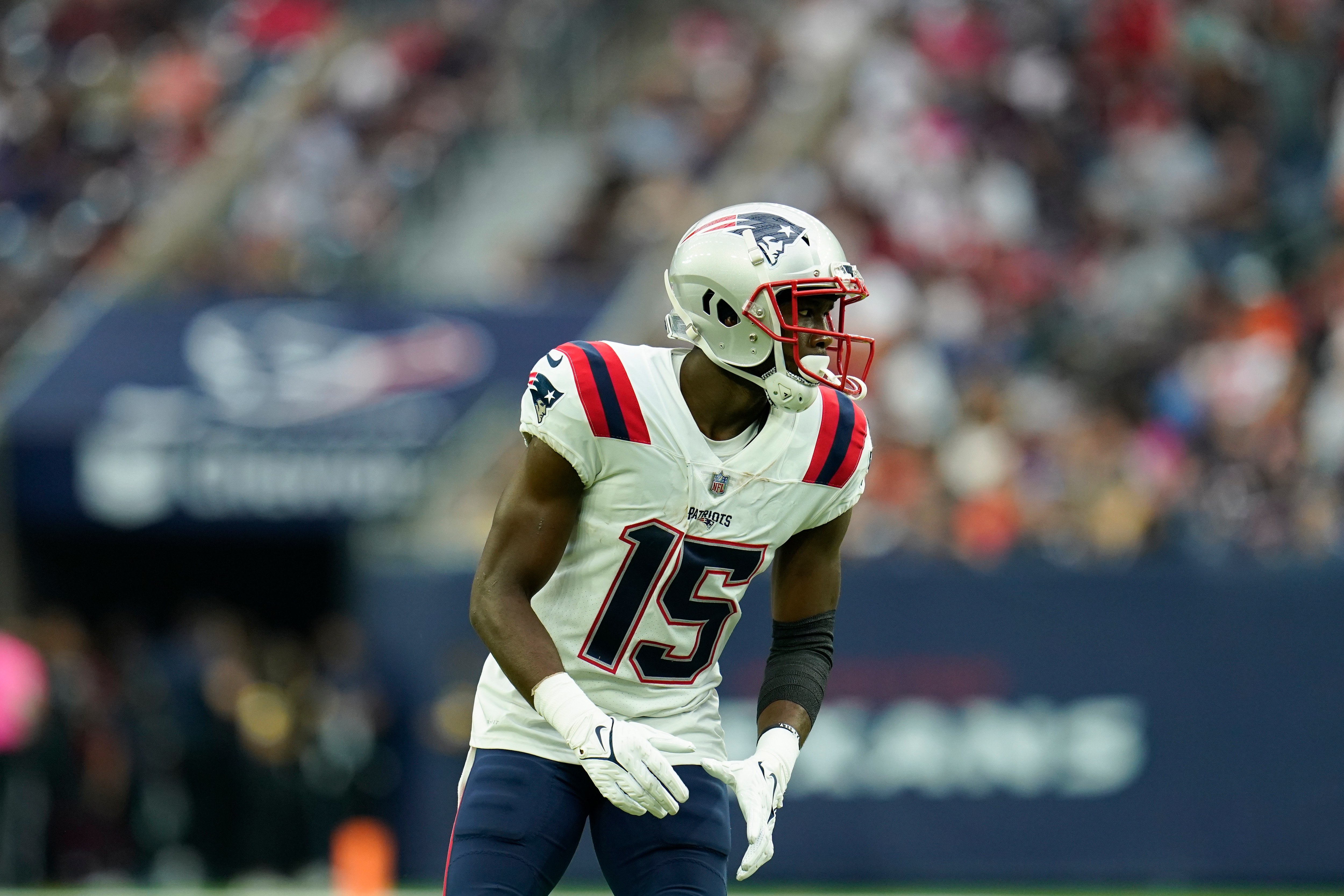 New England Patriots wide receiver Nelson Agholor (15) lines up for the snap during an NFL football game against the Houston Texans, Sunday, Oct. 10, 2021, in Houston. (AP Photo/Matt Patterson)