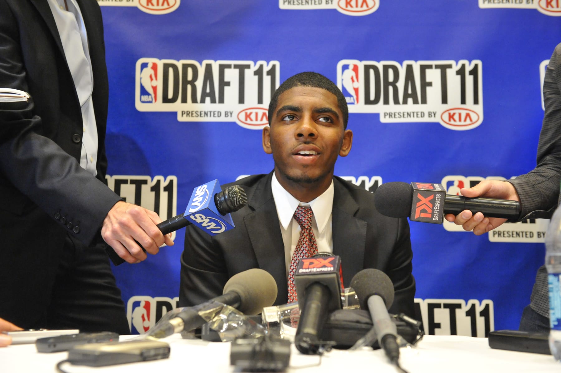 NEW YORK - JUNE 22: NBA Draft Prospect,  Kyrie Irving speaks to the media during media availability as part of the 2011 NBA Draft on June 22, 2011 at the Westin Times Square in New York City. NOTE TO USER: User expressly acknowledges and agrees that, by downloading and/or using this photograph, user is consenting to the terms and conditions of the Getty Images License Agreement.  Mandatory Copyright Notice: Copyright 2011 NBAE (Photo by David Dow/NBAE via Getty Images)