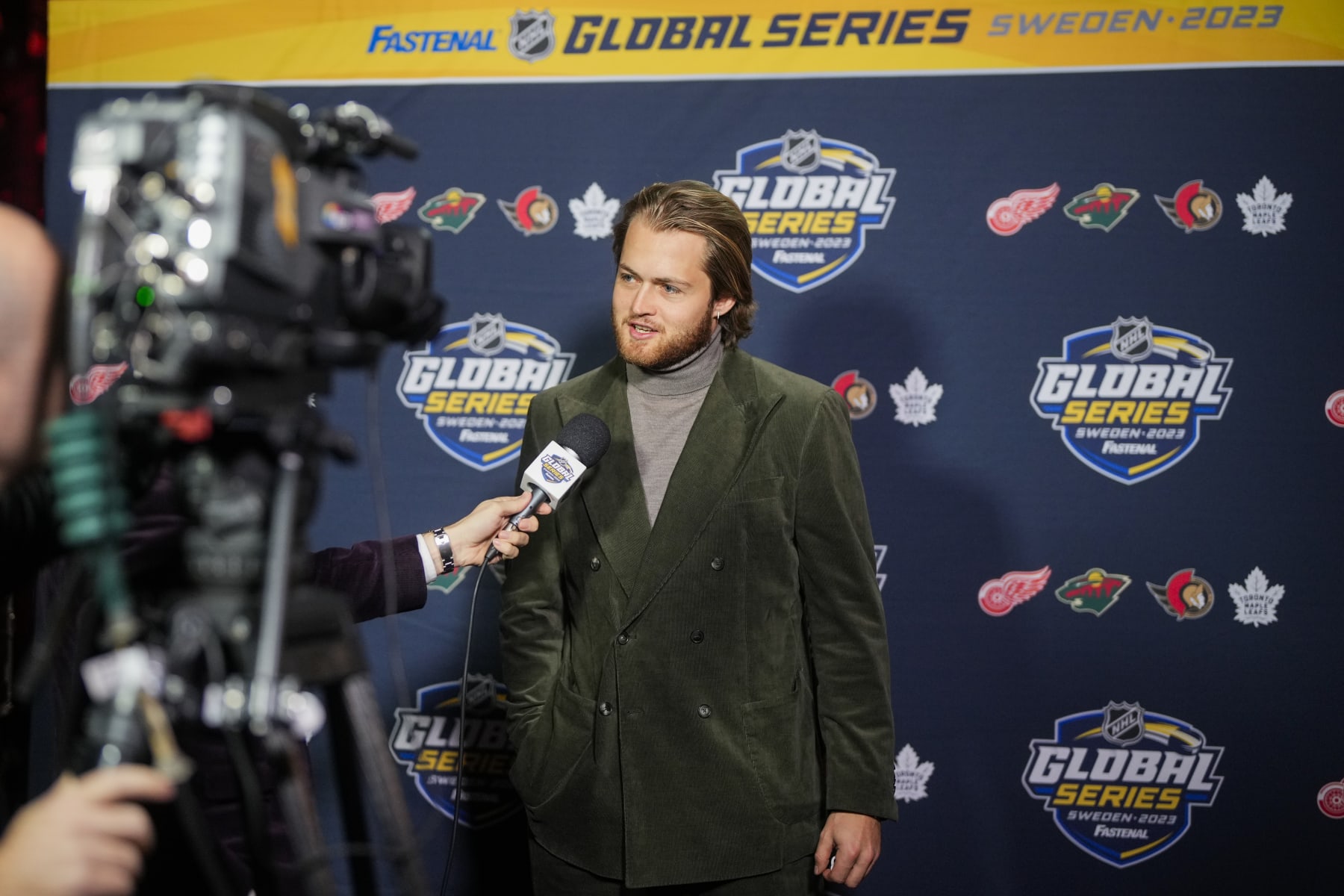 STOCKHOLM,  - NOVEMBER 19: William Nylander #88 of the Toronto Maple Leafs takes part in an interview before facing the Minnesota Wild during the 2023 NHL Global Series Sweden at Avicii Arena on November 19, 2023 in Stockholm, Sweden. (Photo by Mark Blinch/NHLI via Getty Images)