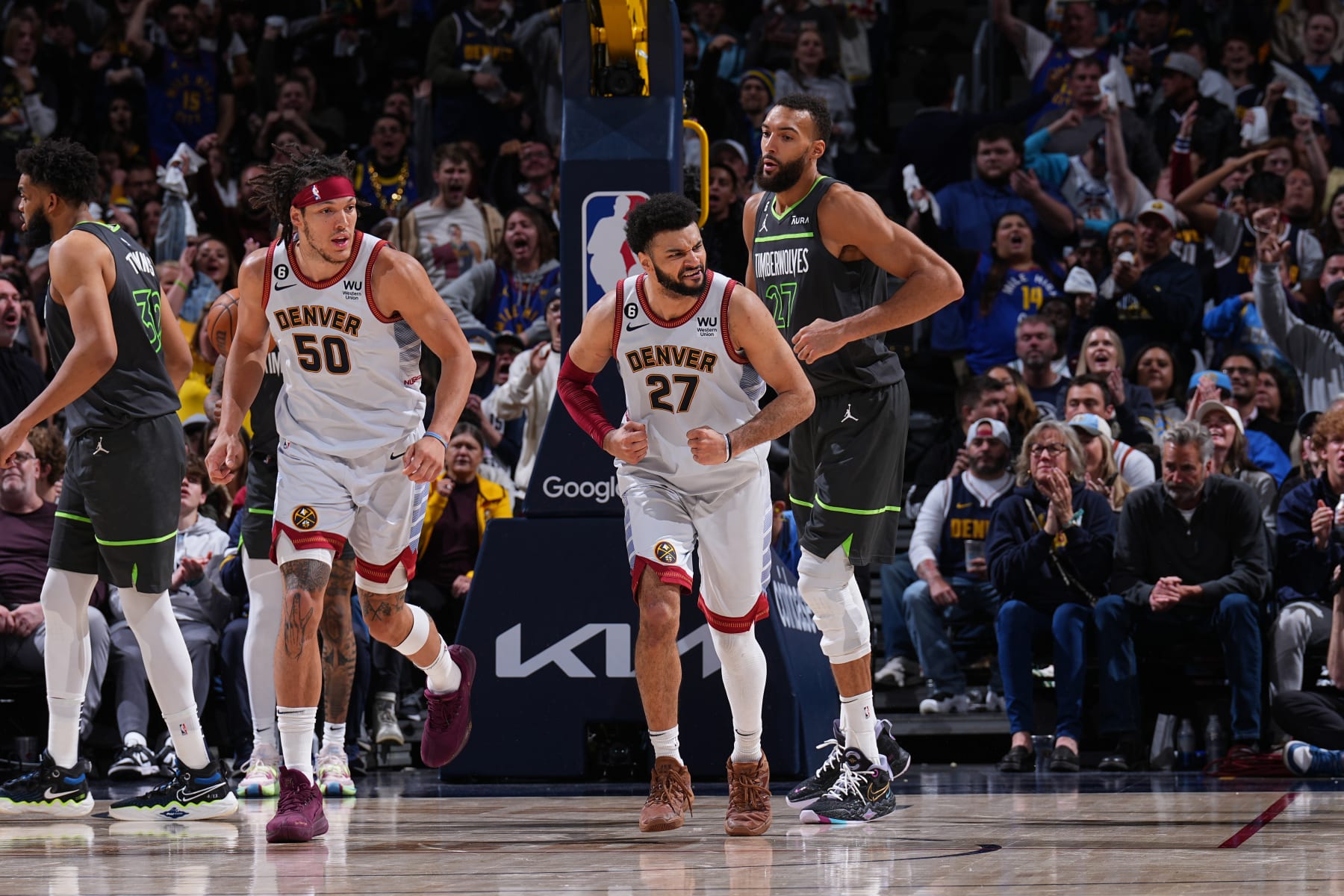 DENVER, CO - APRIL 25: Jamal Murray #27 of the Denver Nuggets celebrates during Round One Game Five of the 2023 NBA Playoffs against the Minnesota Timberwolves on April 25, 2023 at the Ball Arena in Denver, Colorado. NOTE TO USER: User expressly acknowledges and agrees that, by downloading and/or using this Photograph, user is consenting to the terms and conditions of the Getty Images License Agreement. Mandatory Copyright Notice: Copyright 2023 NBAE (Photo by Garrett Ellwood/NBAE via Getty Images)