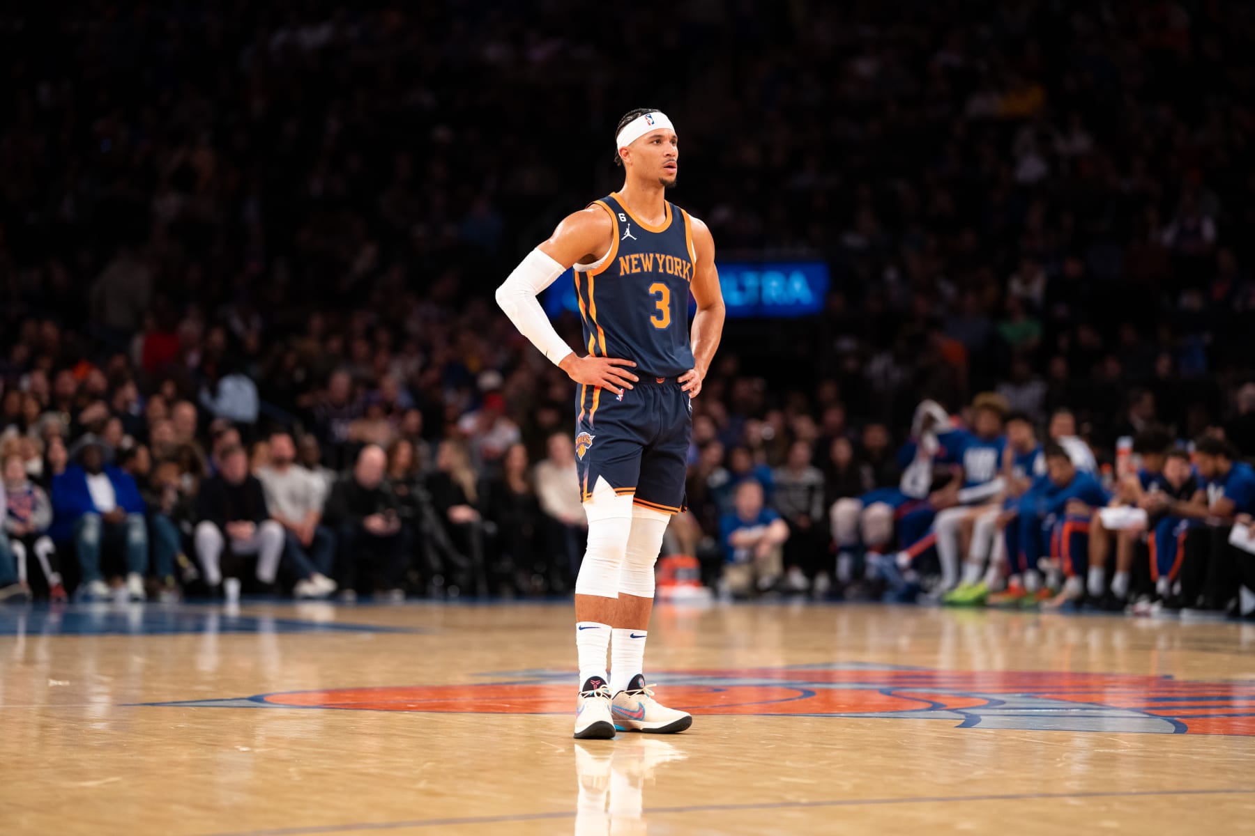 NEW YORK, NY - FEBRUARY 11: Josh Hart #3 of the New York Knicks looks on against the Utah Jazz during the second quarter at Madison Square Garden on February 11, 2023 in New York City. NOTE TO USER: User expressly acknowledges and agrees that, by downloading and or using this photograph, User is consenting to the terms and conditions of the Getty Images License Agreement. (Photo by Evan Yu/Getty Images)