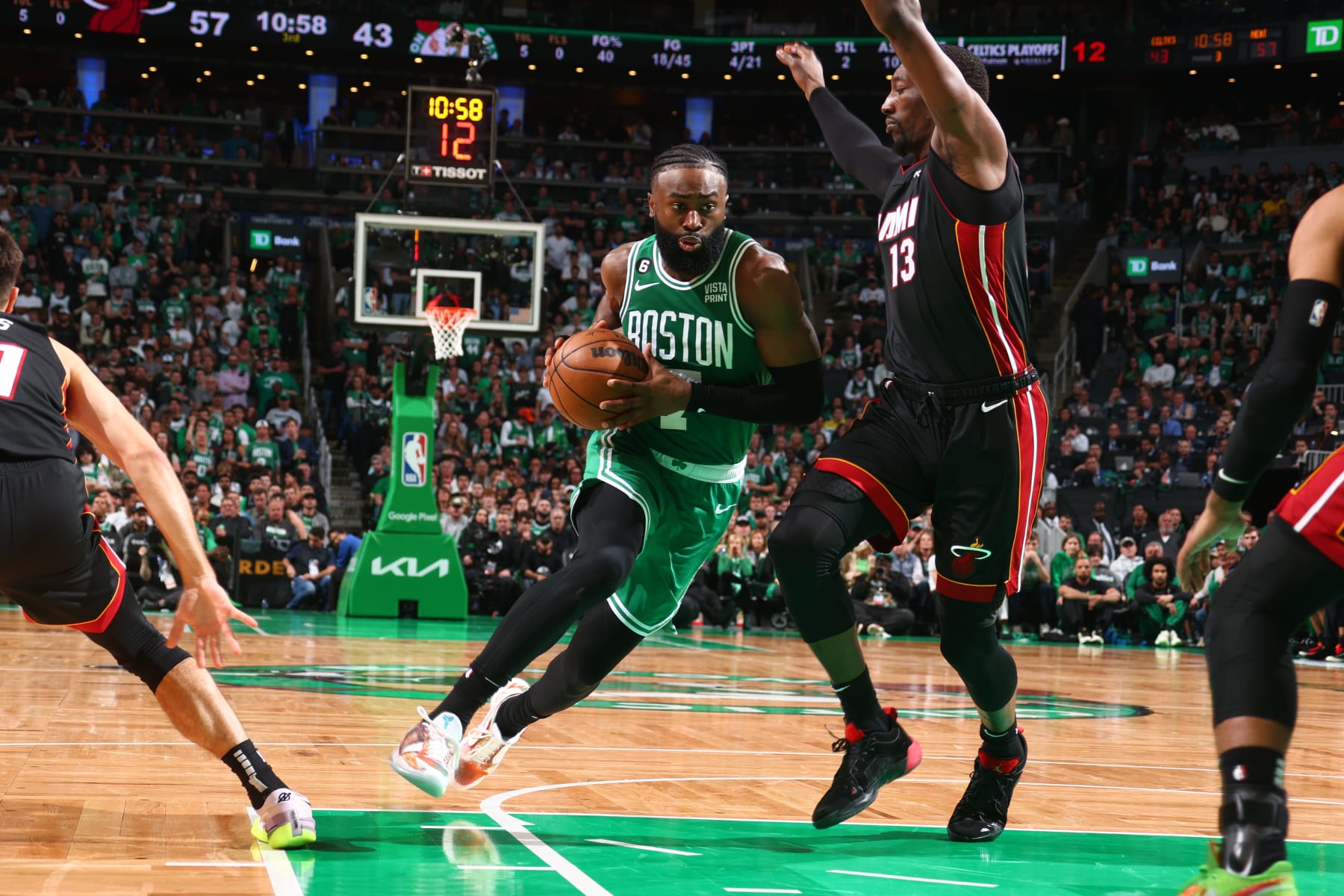 BOSTON, MA - MAY 29: Jaylen Brown #7 of the Boston Celtics drives to the basket during Game Seven of the Eastern Conference Finals against the Miami Heat on May 29, 2023 at the TD Garden in Boston, Massachusetts. NOTE TO USER: User expressly acknowledges and agrees that, by downloading and or using this photograph, User is consenting to the terms and conditions of the Getty Images License Agreement. Mandatory Copyright Notice: Copyright 2023 NBAE  (Photo by Nathaniel S. Butler/NBAE via Getty Images)