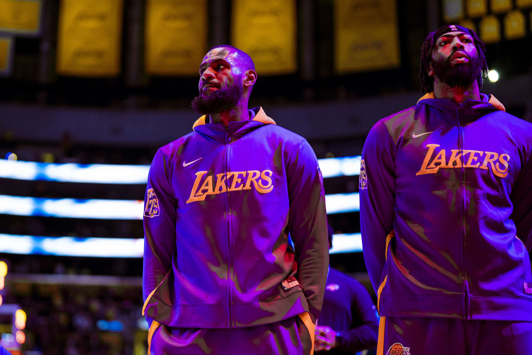 LOS ANGELES, CA - NOVEMBER 4: Anthony Davis #3 and LeBron James #6 of the Los Angeles Lakers stand for the National Anthem before the game against the Utah Jazz on November 4, 2022 at Crypto.Com Arena in Los Angeles, California. NOTE TO USER: User expressly acknowledges and agrees that, by downloading and/or using this Photograph, user is consenting to the terms and conditions of the Getty Images License Agreement. Mandatory Copyright Notice: Copyright 2022 NBAE (Photo by Tyler Ross/NBAE via Getty Images)