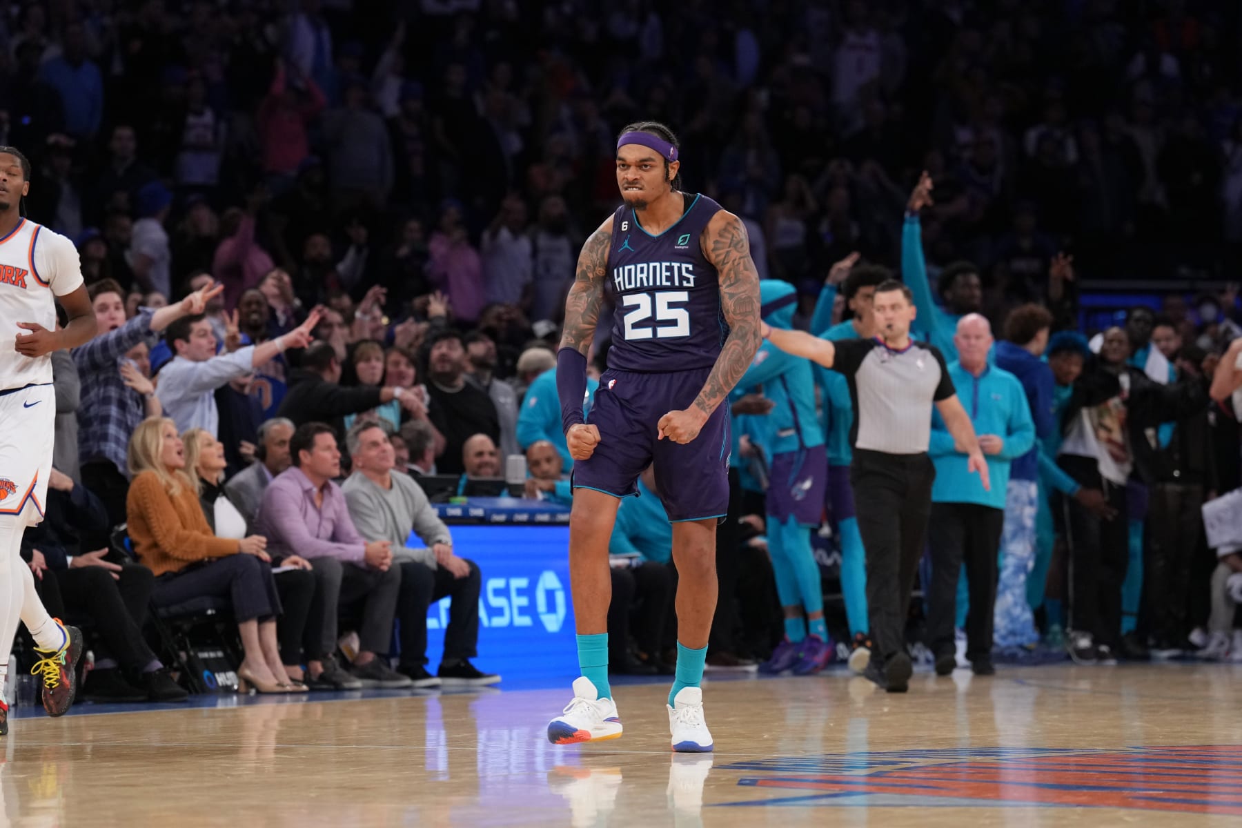 NEW YORK, NY - OCTOBER 26: P.J. Washington #25 of the Charlotte Hornets reacts to a play during the game against the New York Knicks on October 26, 2022 at Madison Square Garden in New York City, New York.  NOTE TO USER: User expressly acknowledges and agrees that, by downloading and or using this photograph, User is consenting to the terms and conditions of the Getty Images License Agreement. Mandatory Copyright Notice: Copyright 2022 NBAE  (Photo by Jesse D. Garrabrant/NBAE via Getty Images)