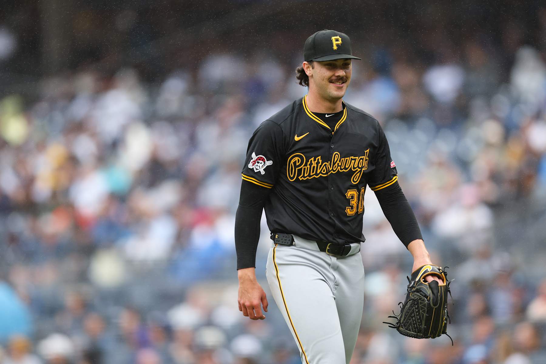 NEW YORK, NY - SEPTEMBER 28: Paul Skenes #30 of the Pittsburgh Pirates smiles as he exits the game between the Pittsburgh Pirates and the New York Yankees at Yankee Stadium on Saturday, September 28, 2024 in New York, New York. (Photo by Rob Tringali/MLB Photos via Getty Images)