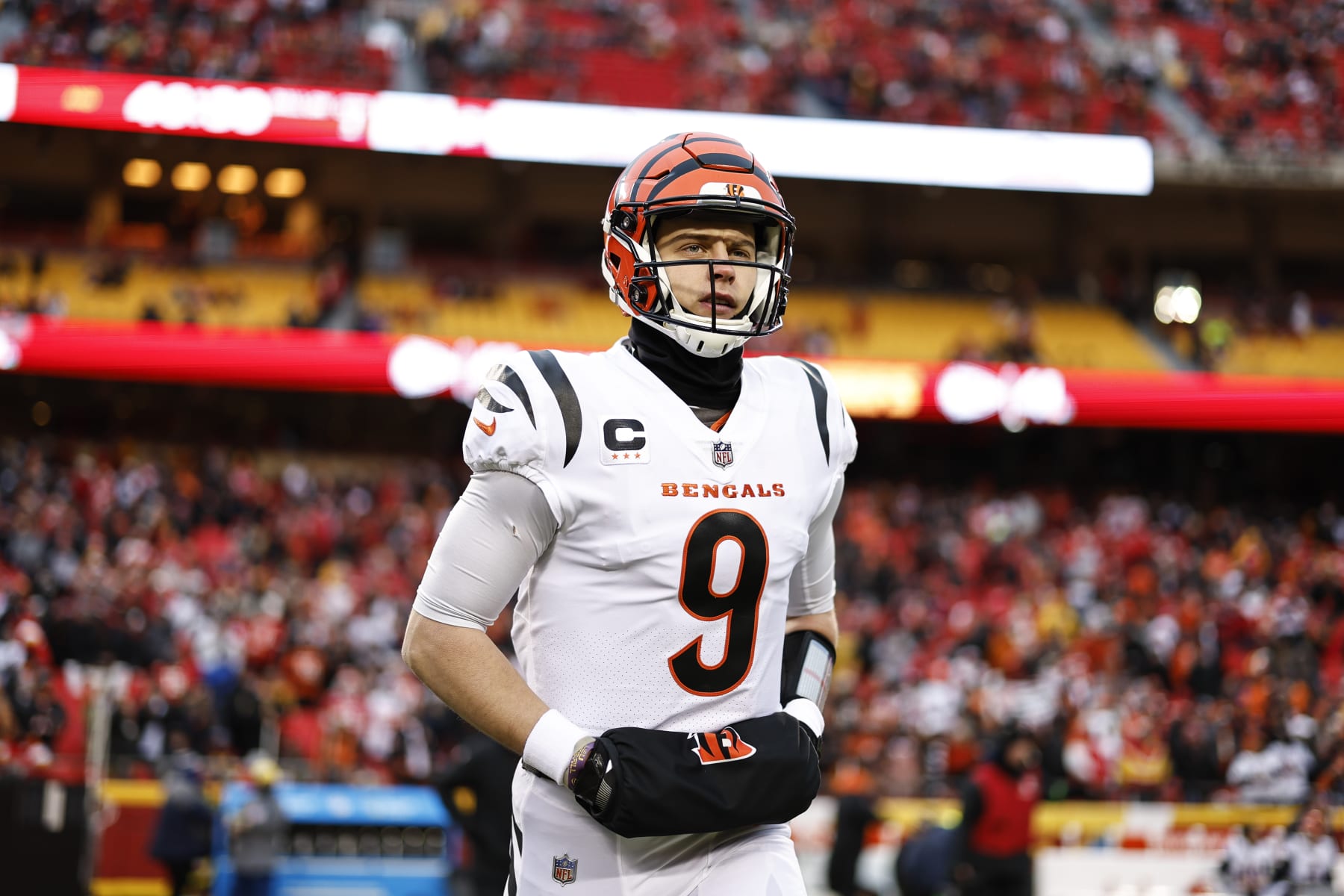 KANSAS CITY, MISSOURI - JANUARY 29: Joe Burrow #9 of the Cincinnati Bengals runs prior to the AFC Championship NFL football game between the Kansas City Chiefs and the Cincinnati Bengals at GEHA Field at Arrowhead Stadium on January 29, 2023 in Kansas City, Missouri. (Photo by Michael Owens/Getty Images)