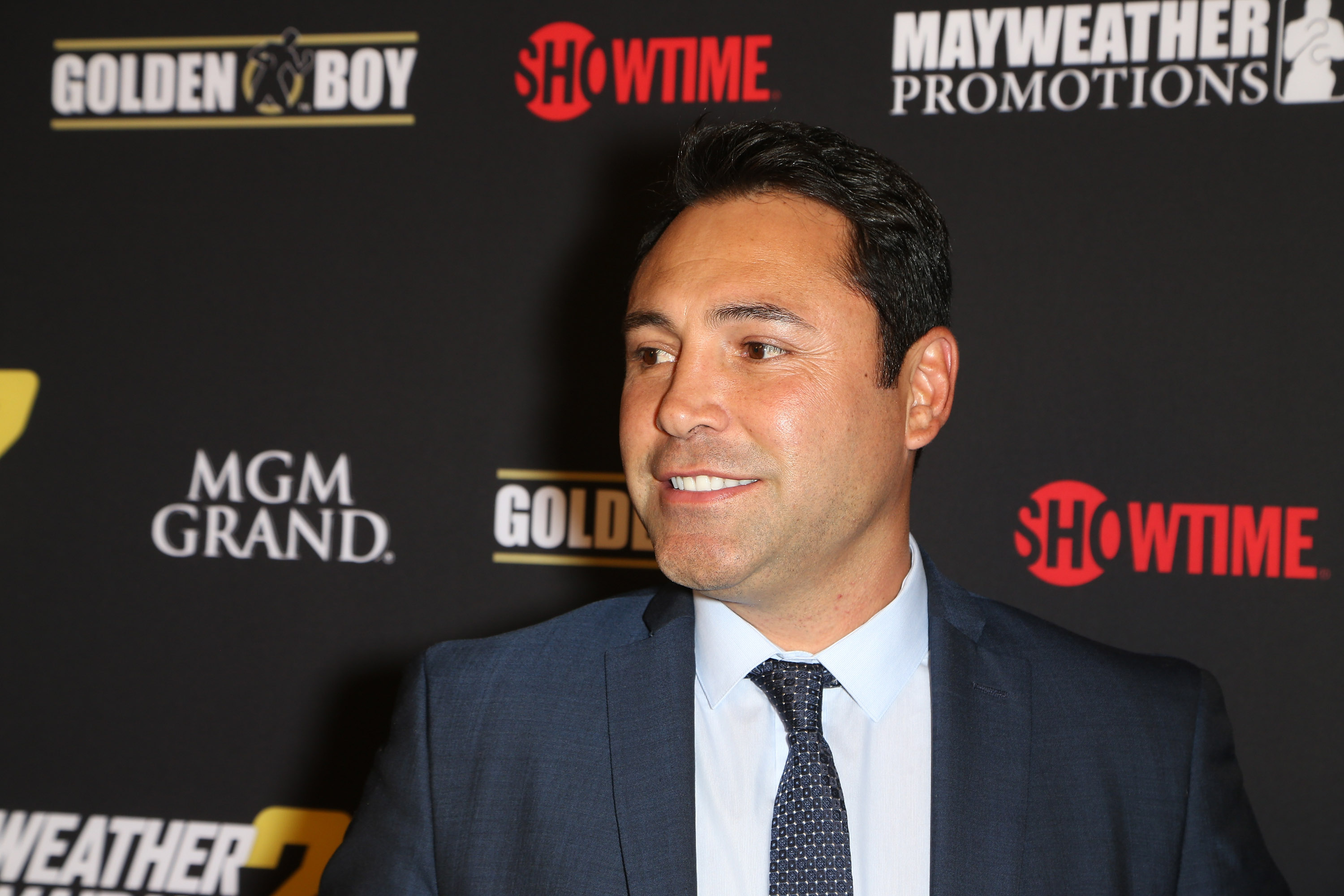 LAS VEGAS, NV - SEPTEMBER 13:  Promoter and former professional boxer Oscar De La Hoya arrives at Showtime's VIP prefight party for "Mahem: Mayweather vs. Maidana 2" at the MGM Grand Garden Arena on September 13, 2014 in Las Vegas, Nevada.  (Photo by Gabe Ginsberg/FilmMagic)