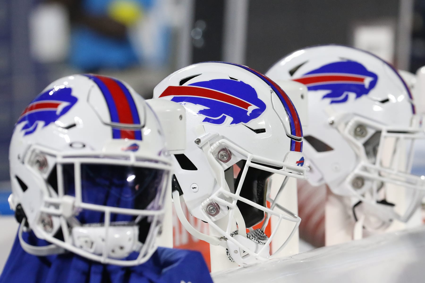 CHARLOTTE, NC - AUGUST 26: Some Bills helmets during a NFL preseason football game between the Buffalo Bills and the Carolina Panthers on August 26, 2022 at Bank of America Stadium in Charlotte, N.C. (Photo by John Byrum/Icon Sportswire via Getty Images)